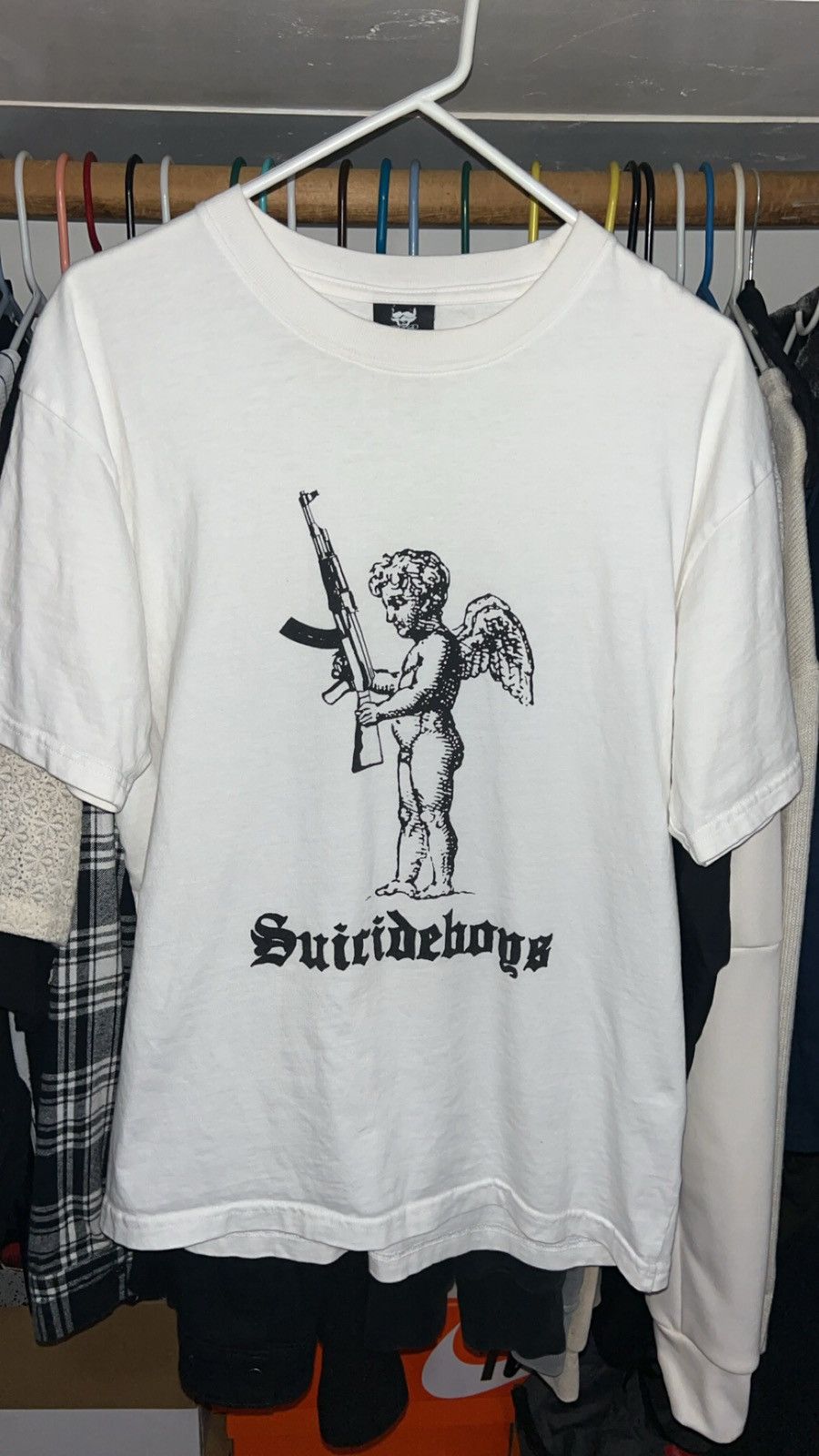 image of Pouya Uicideboy Merch Angel With Ak $Uicideboy$ T-Shirt in White, Men's (Size Medium)
