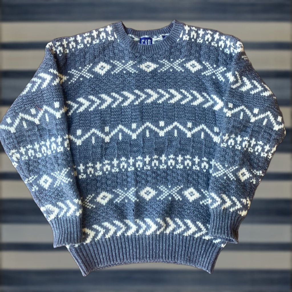 Gap VINTAGE GAP Wool Heavy Knit Geometric Aztec Gray Sweater M Men Pullover 90s Geometric Proof? Size US M / EU 48-50 / 2 - 1 Thumbnail