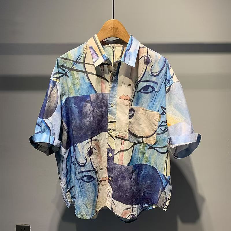 Vintage Blue casual retro face print shirt Size US M / EU 48-50 / 2 - 1 Thumbnail