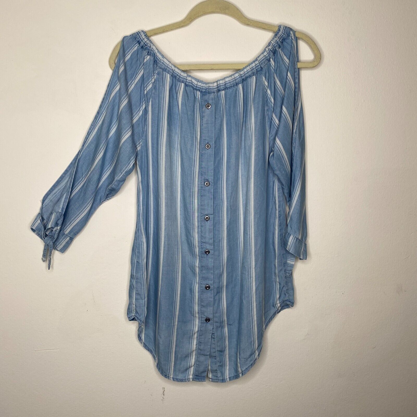 Other Billy T Blue White Stripe Linen Off Shoulder Tie-Sleeve Top Size XS / US 0-2 / IT 36-38 - 2 Thumbnail