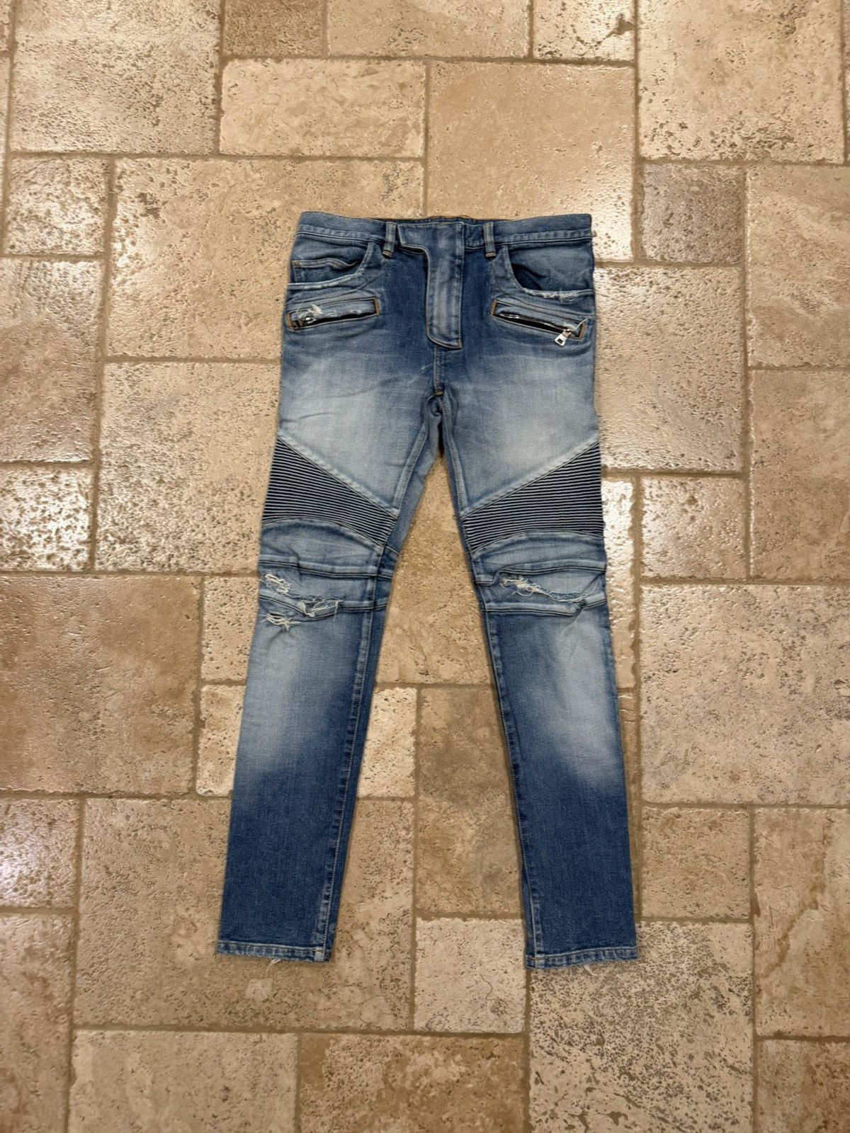 Balmain Balmain OG Biker Distressed Stone Wash Blue Denim Jeans Size US 31 - 12 Thumbnail