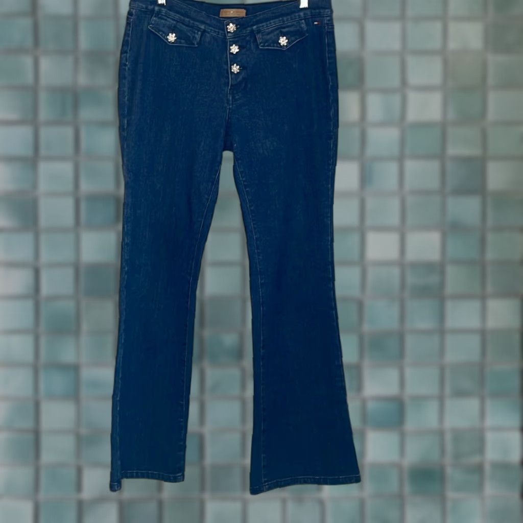 Tommy Hilfiger VINTAGE Tommy Hilfiger Jeans Flare Rhinestones Women Juniors 11 Blue Bell Bottoms Size 32" / US 10 / IT 46 - 1 Thumbnail