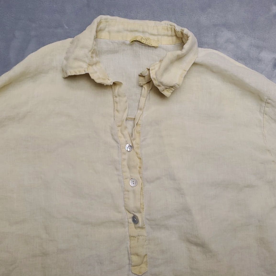 Vintage JS Millenium Shirt Womens L Yellow Linen Tunic Coastal Button-Up 3/4 Sleeve Collared Bohemian Nature Casual Women Size L / US 10 / IT 46 - 3 Thumbnail
