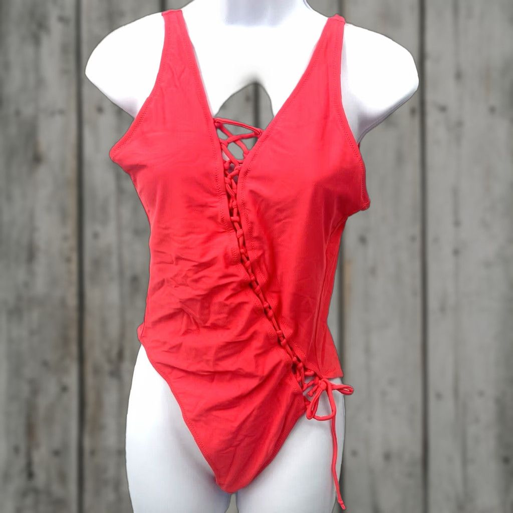 Vintage Uptown Bombshell One Piece Swim Suit Womens L Red Corset Lace Up Pinup Retro Beach Size L / US 10 / IT 46 - 1 Thumbnail