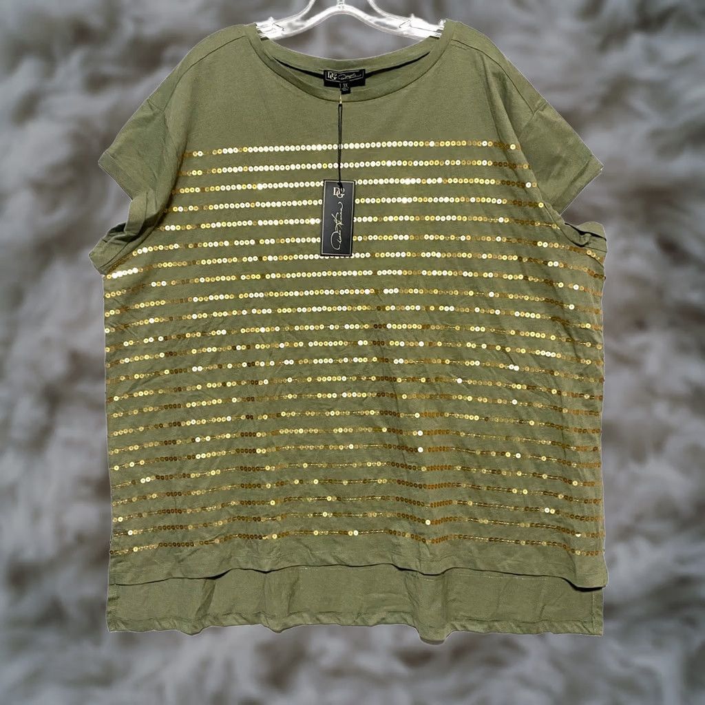 Olive VINTAGE? No. DG2 Diane Gilman DG2 Gold Sequin Olive Green Shirt Blouse Womens Plus 3X NWT Stretch Size XXL / US 16-18 / IT 52-54 - 1 Thumbnail