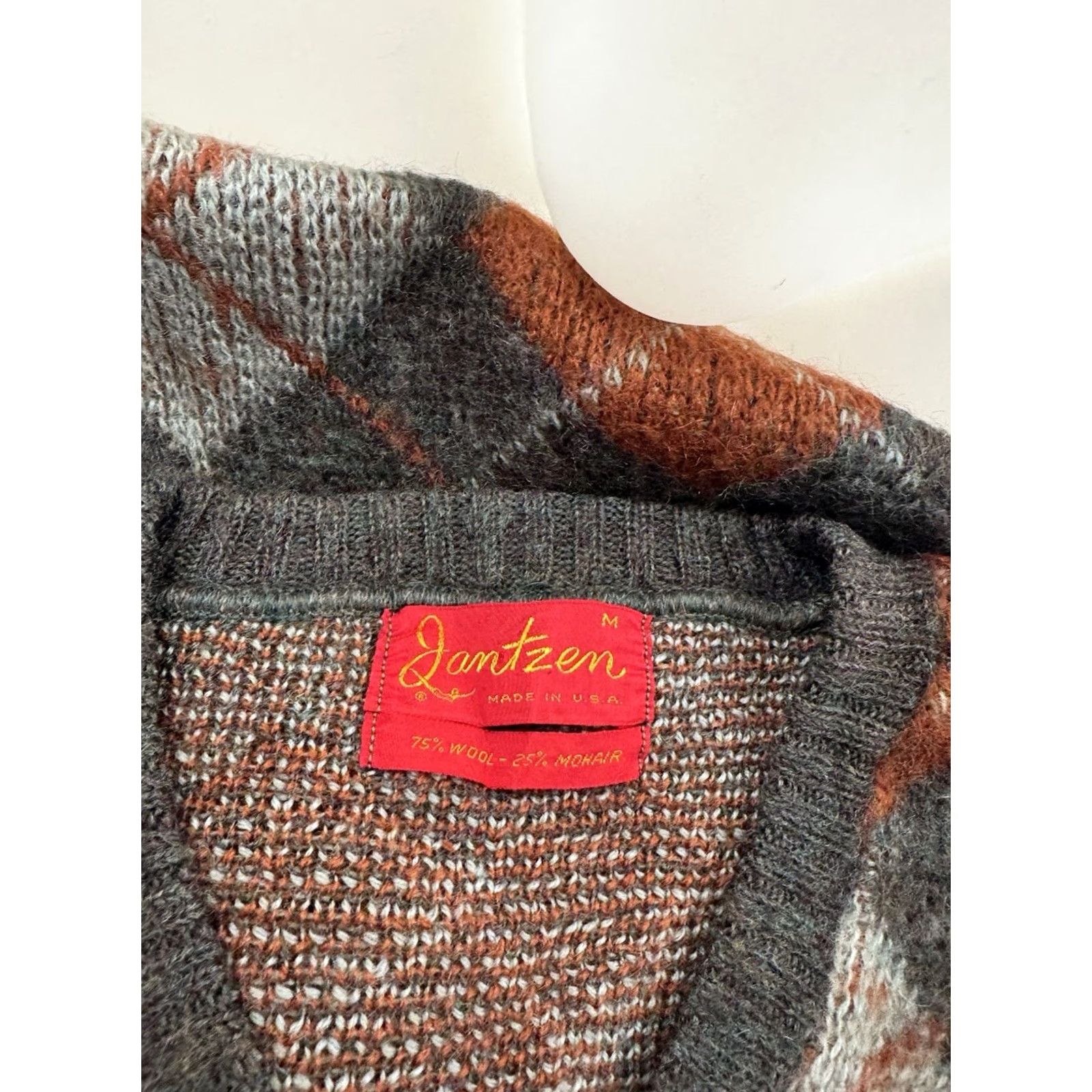 Jantzen JANTZEN Wool Mohair Argyle V Neck Mens M Pullover Sweater Olive Gray Burnt Orange 1960s Size US M / EU 48-50 / 2 - 4 Thumbnail