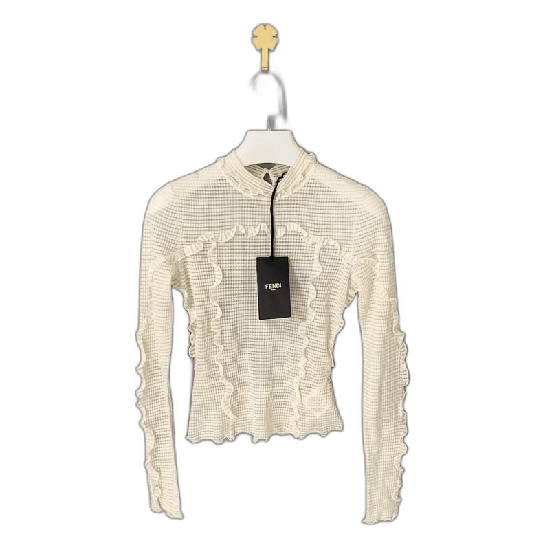 Fendi White Ruffled High Neck Silk Top