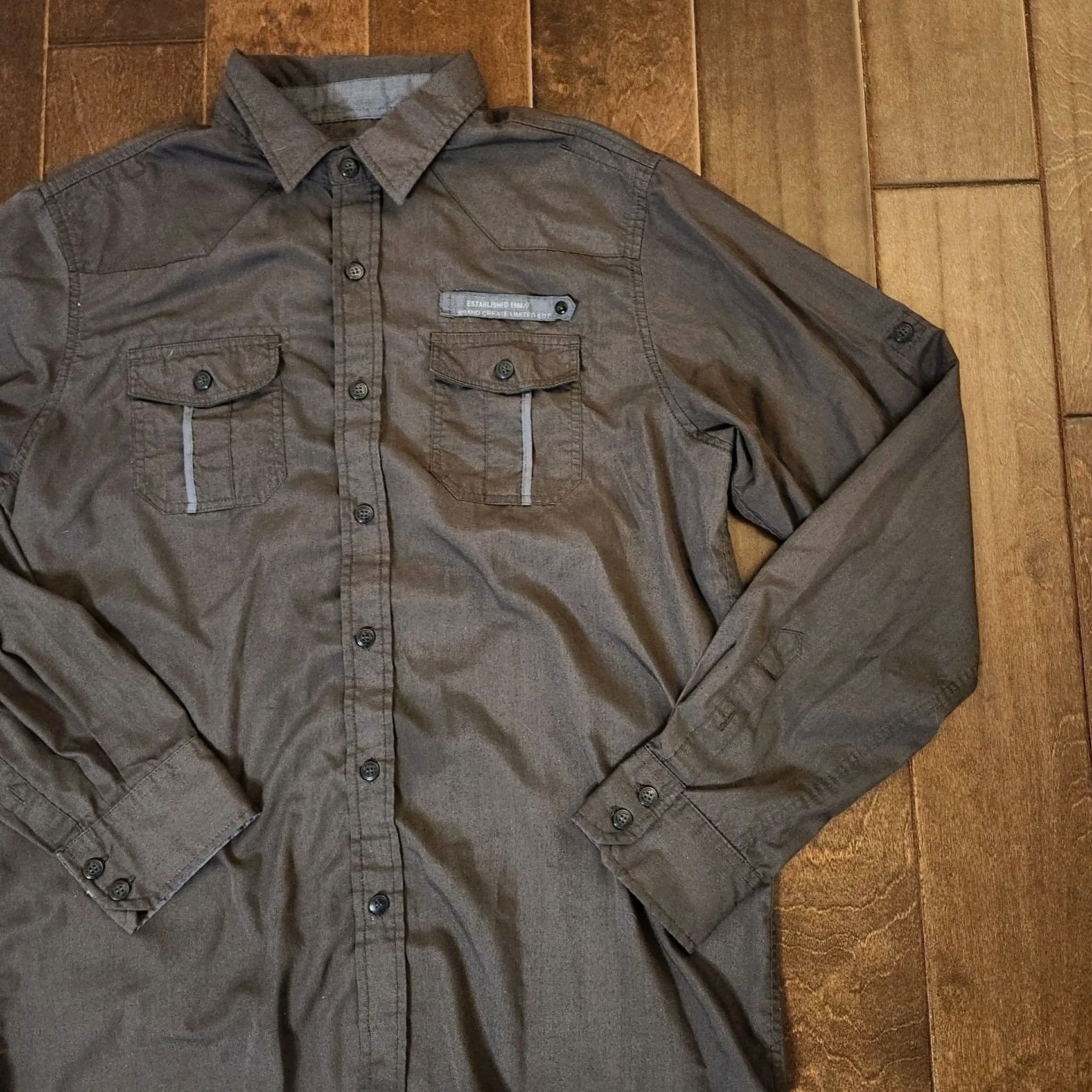 Vintage LR Scoop New York Men's Gray Blue Pocket Long Sleeve Button Up Dress Shirt L Size Gray Cotton Polyester Shirt Men موقع? Size 42R - 6 Thumbnail