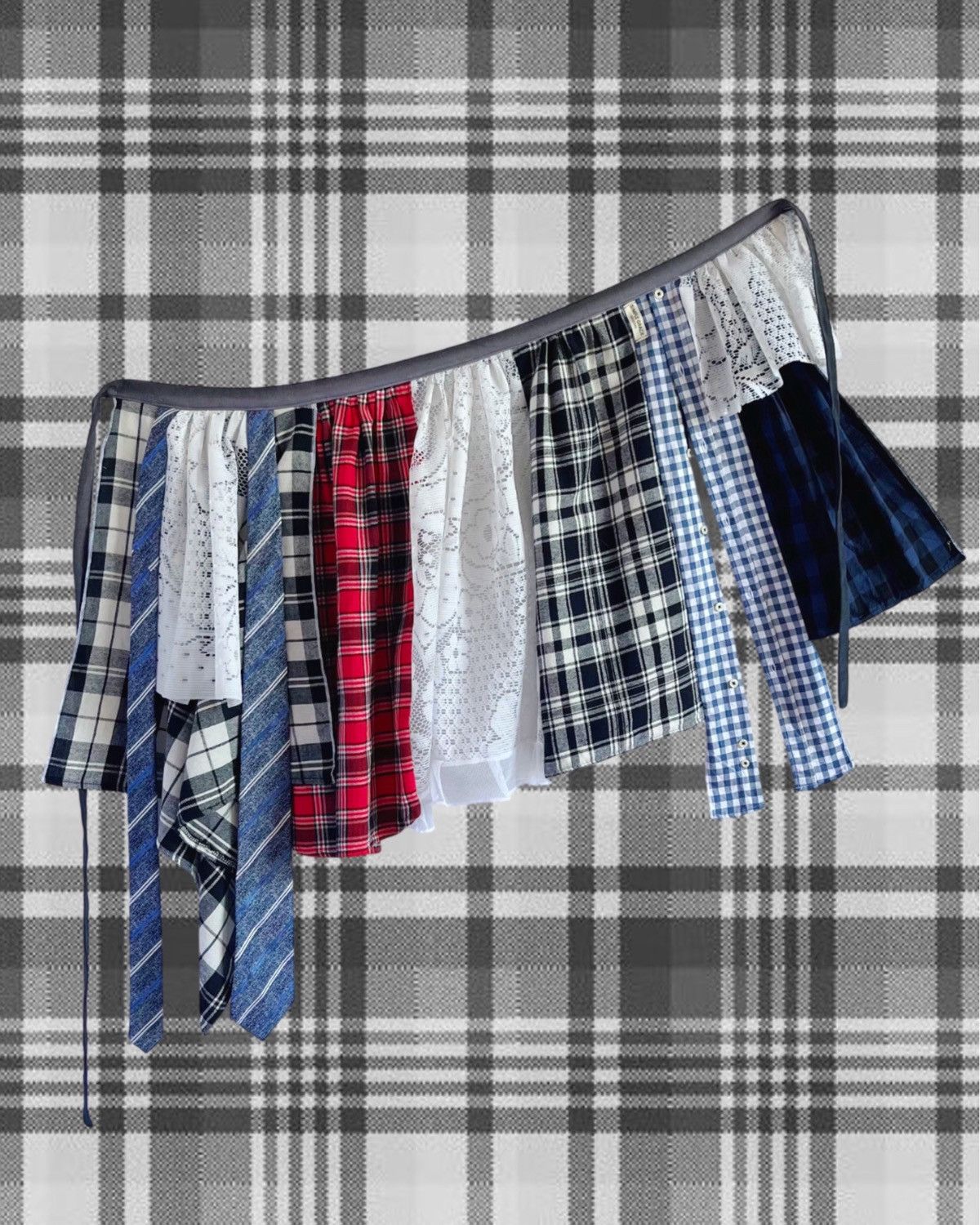 Custommade Upcycled Plaid & Lace Midi Belt Skirt / peplum belt Size 28" / US 6 / IT 42 - 1 Thumbnail