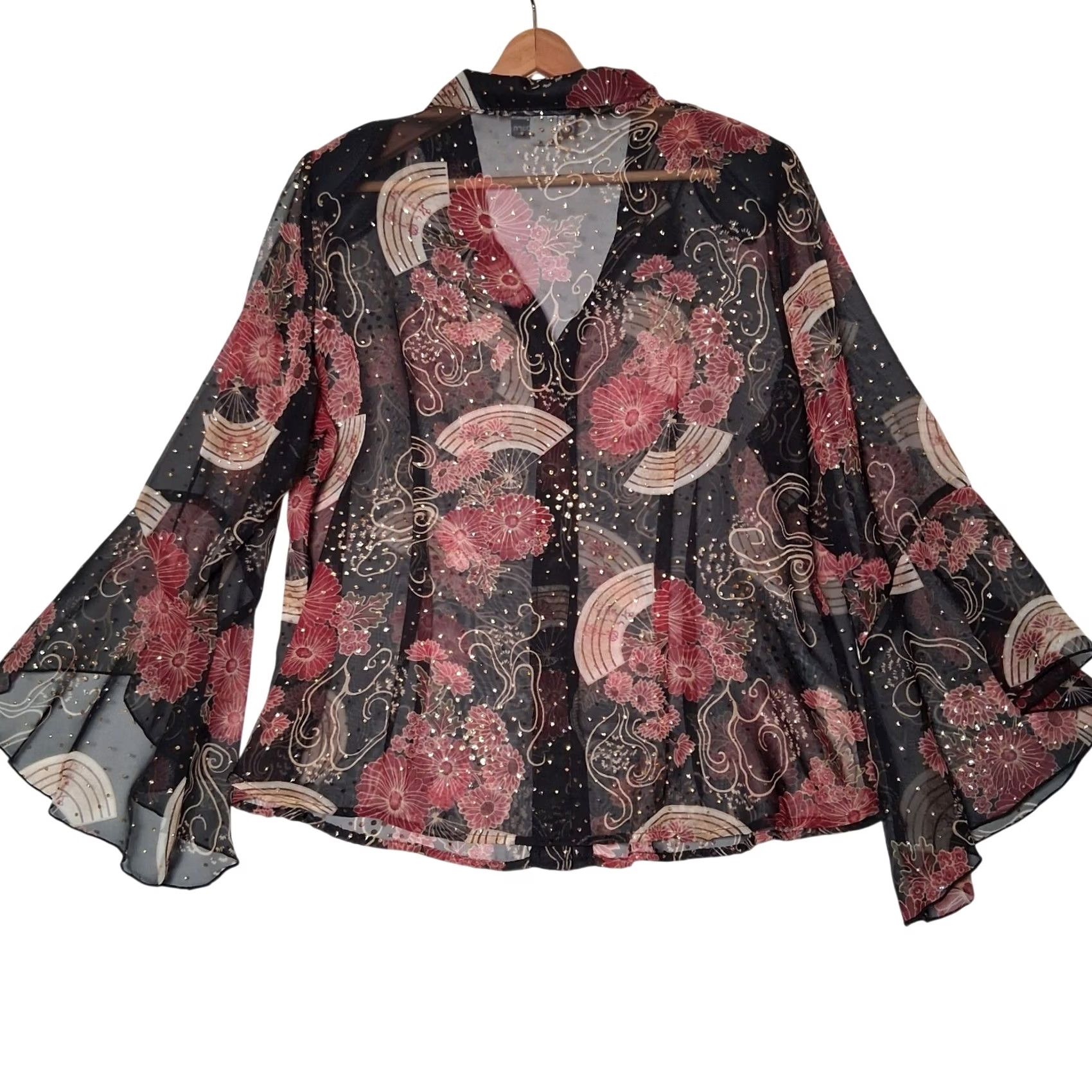 Vintage VINTAGE Dressbarn Blouse Plus Size 18/20 Sheer Black Metallic Gold Floral Bell Sleeve Peasant Bohemian Y2K Fashion Women Mens? Size XXL / US 16-18 / IT 52-54 - 3 Thumbnail