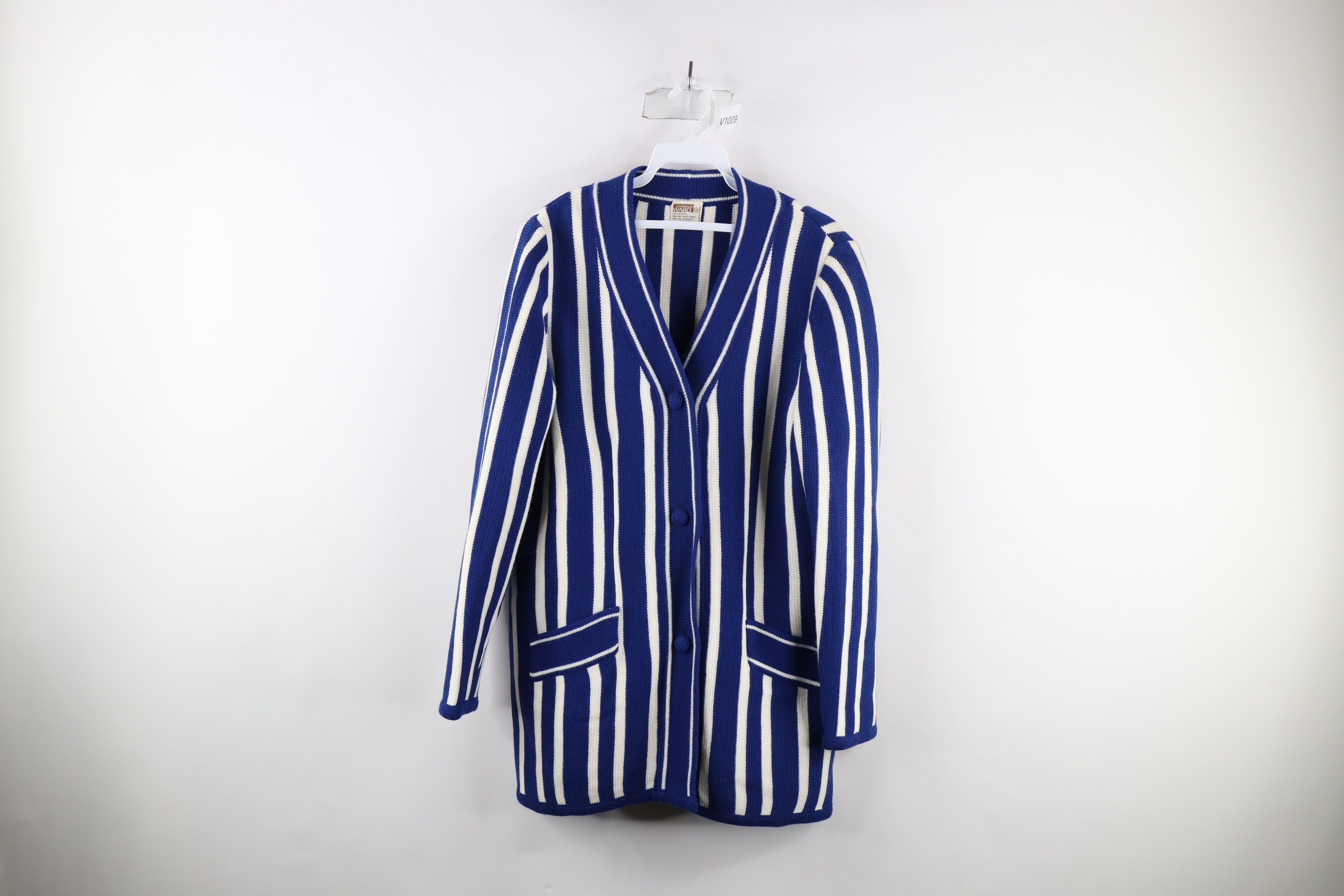 Image of Vintage 70's Streetwear Block Knit Cardigan Sweater Blue, Women's (Size Small)