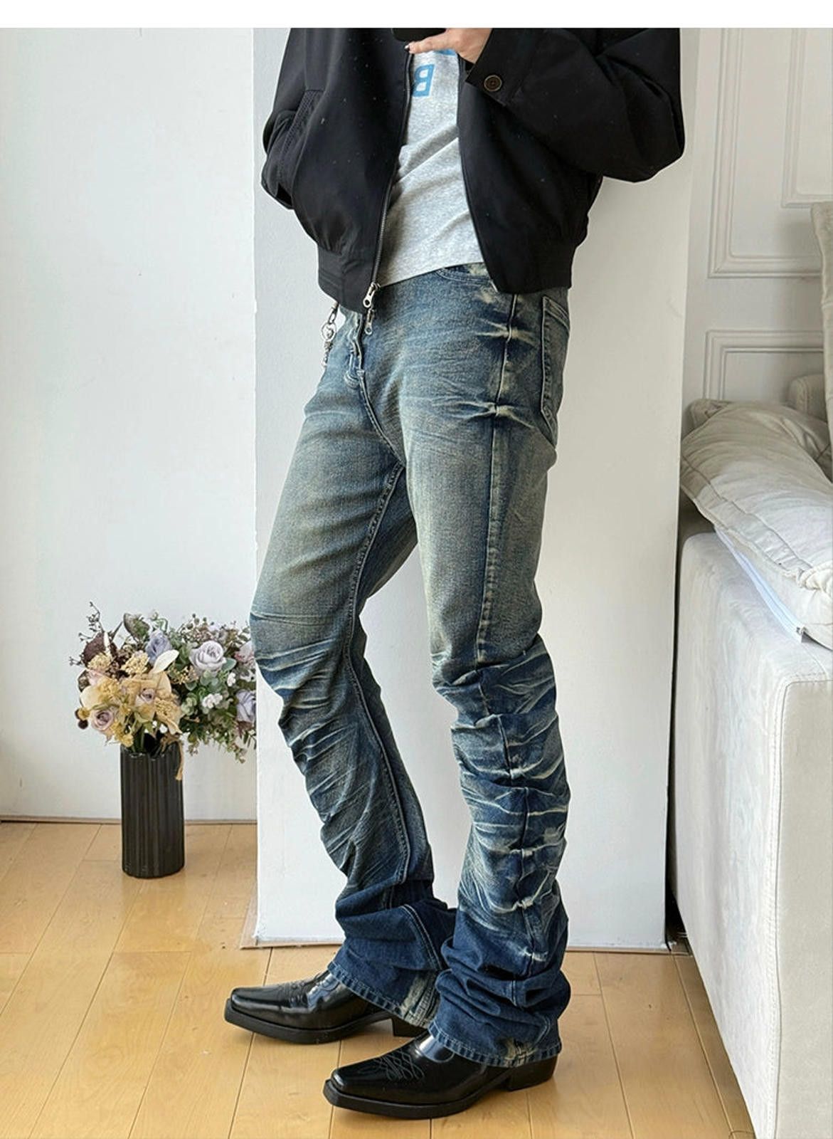 Vintage Blue Slim Fit Button-Fly Jeans, Ruched Detail Denim Pants Size US 32 / EU 48 - 3 Thumbnail