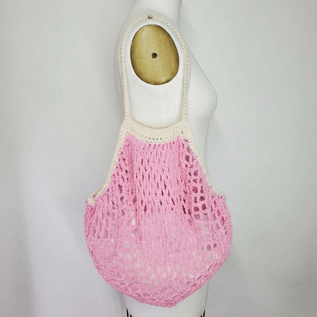 Handmade Market Bag Pink 100% Cotton Crochet French Farmers Net groc Size ONE SIZE - 1 Thumbnail