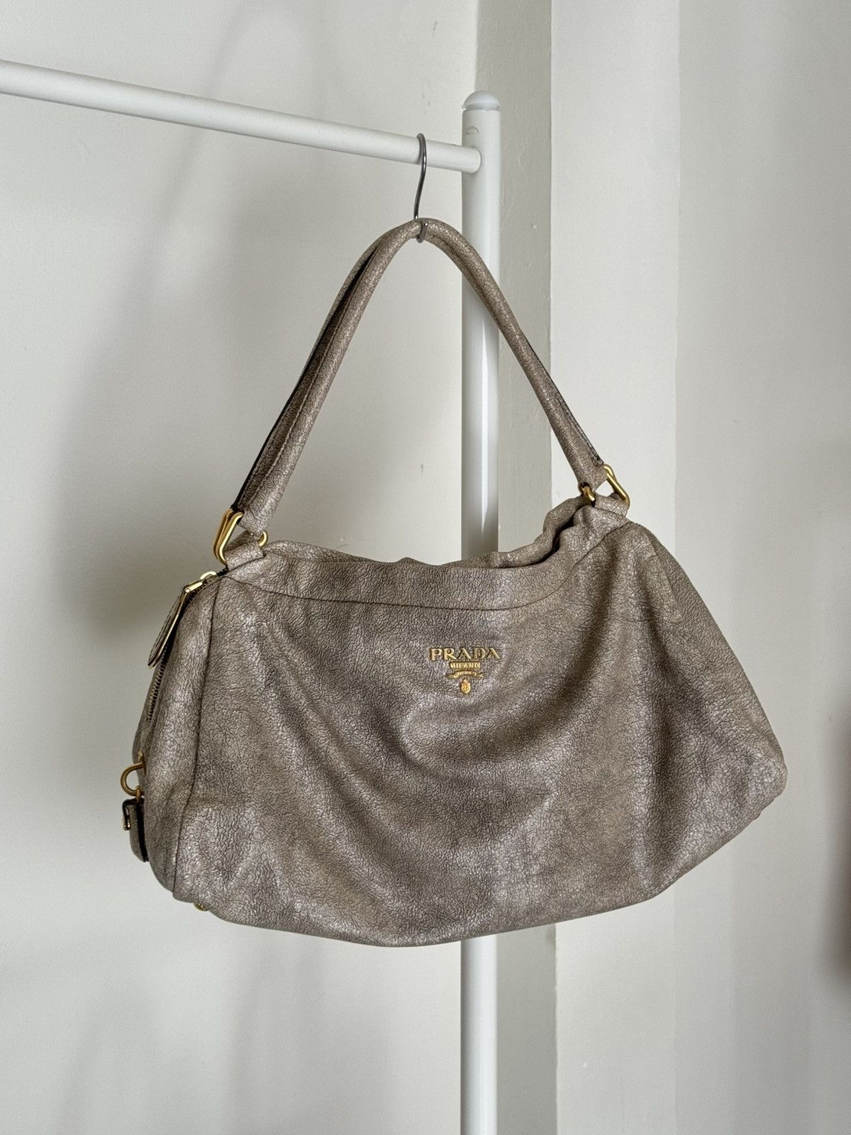 Prada Craquele Leather Shoulder Bag in Silver, Women's