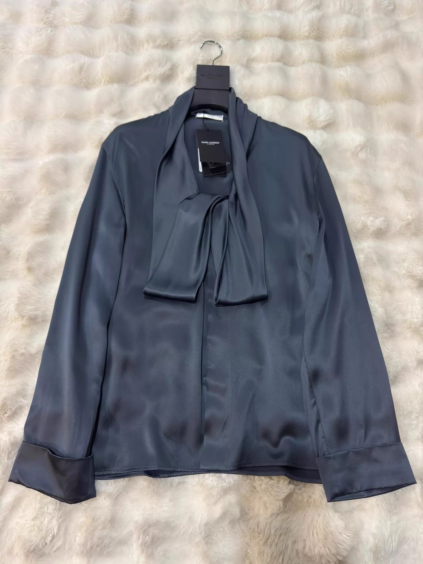 Saint Laurent Paris Blue Satin Bow-Front Long Sleeve Blouse Size US S / EU 44-46 / 1 - 1 Thumbnail