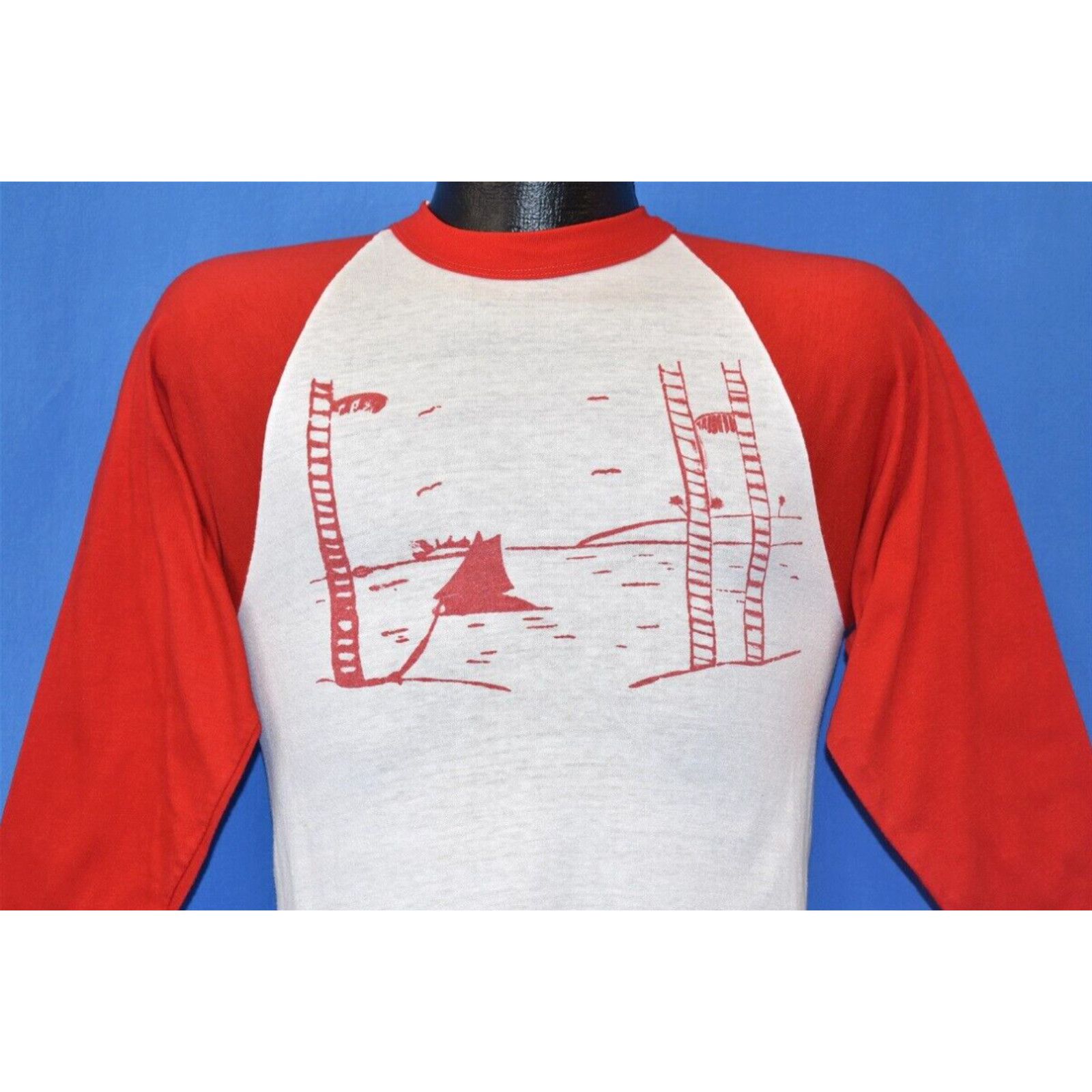 image of Vintage VTG 80's Beach Sailboat Palms Tim Red White Raglan Jersey 3/4 Sleeve T-Shirt Xs, Men's