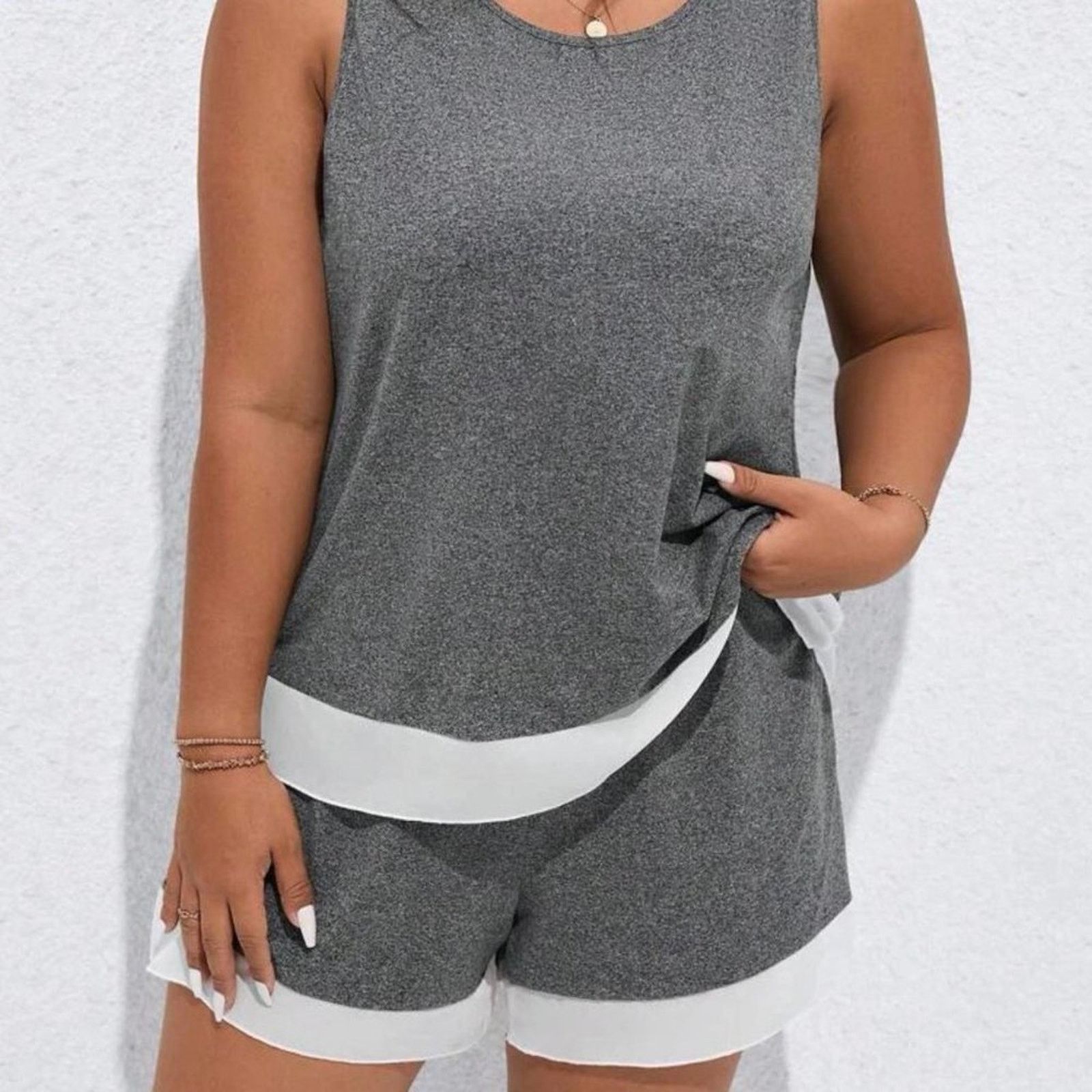 Other Lune Two Tone Tank Top & Drawstring Waist Shorts Dark Grey M Size 33" - 3 Thumbnail