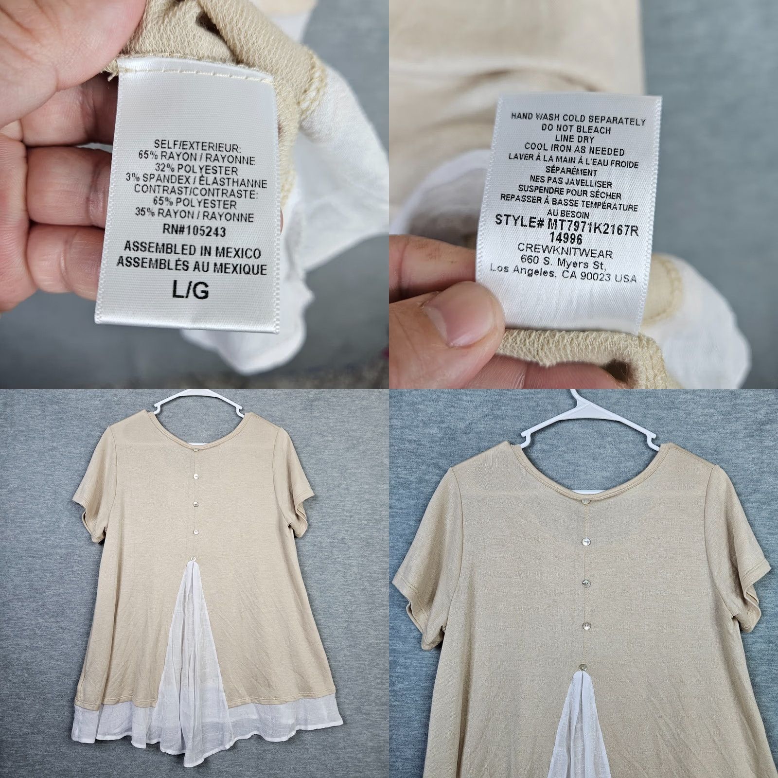 Vintage Bobeau Top Shirt Women L Beige Round Neck Short Sleeve Button Back Size L / US 10 / IT 46 - 8 Thumbnail