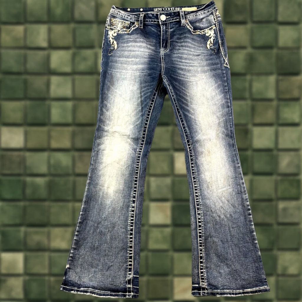 Denime Sexy Couture Jeans Women Bootcut 13 Blue Denim Rhinestone Pockets Western 5-Pocket Design Womens Blue Denim Cotton Jeans Size 34" / US 12 / IT 48 - 1 Thumbnail