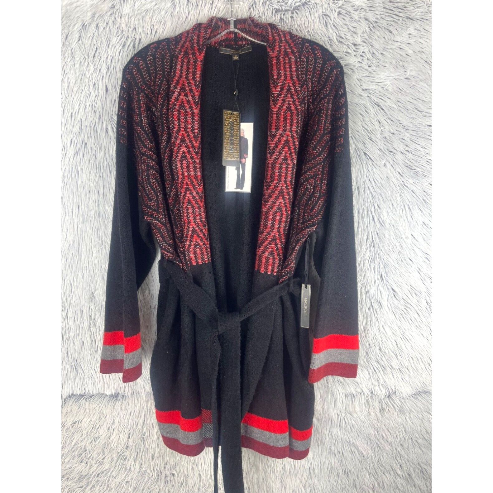 image of Sportmax Maxsport Sweater Womans Medium Black Red Trimmed Long Belted Fleece Cardigan NWT in White,