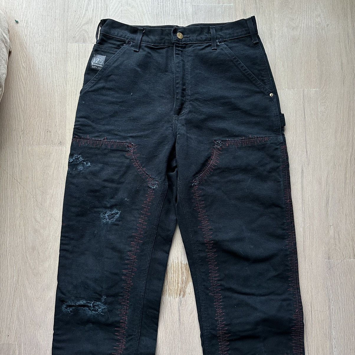 image of Vintage Red Stitched Rework Carhartt Double Knee Work Pants in Black, Men's (Size 30)