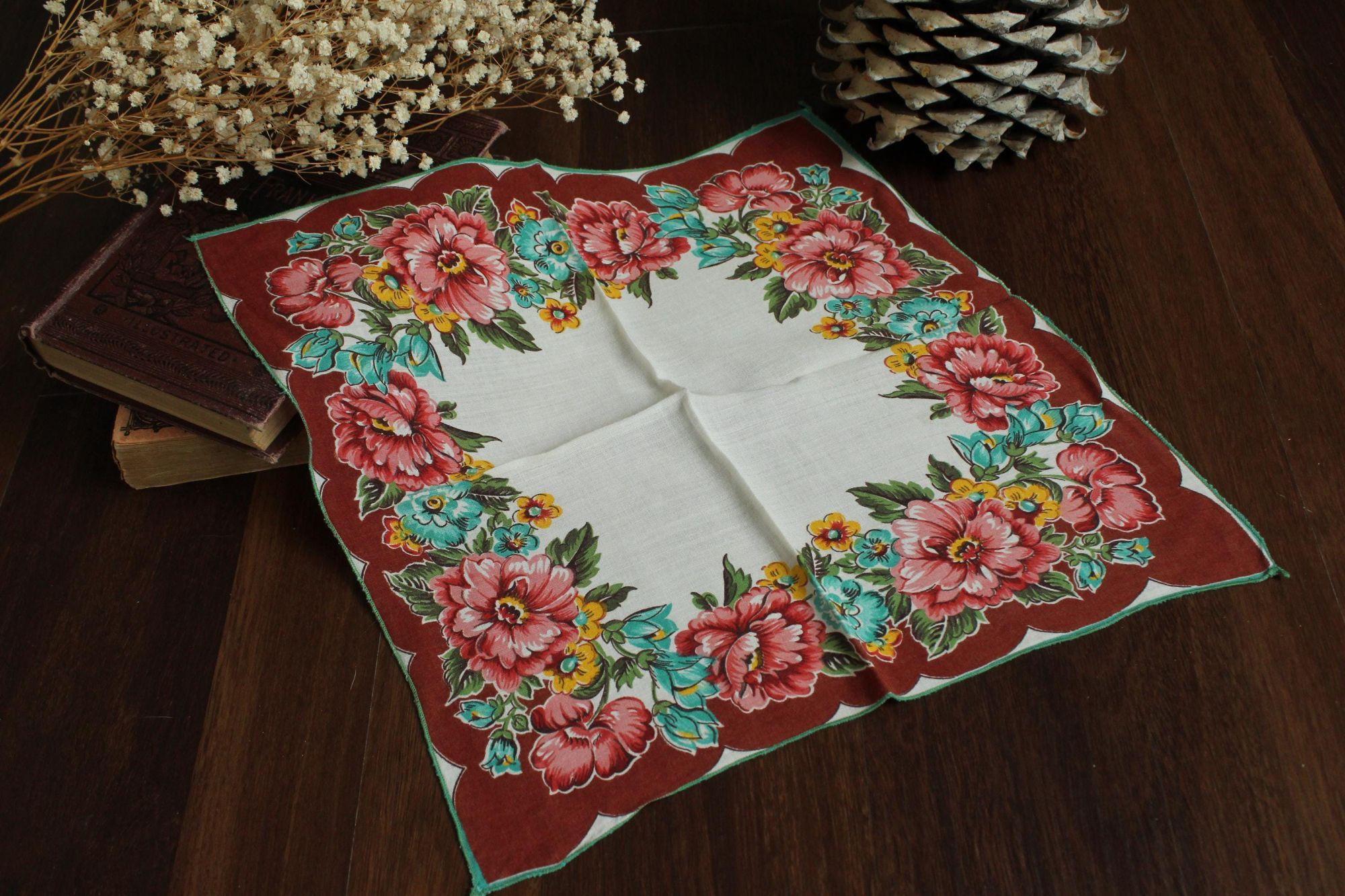 Vintage Vintage Handkerchief, Brown and Teal Wildflower Floral Print Size ONE SIZE - 1 Thumbnail