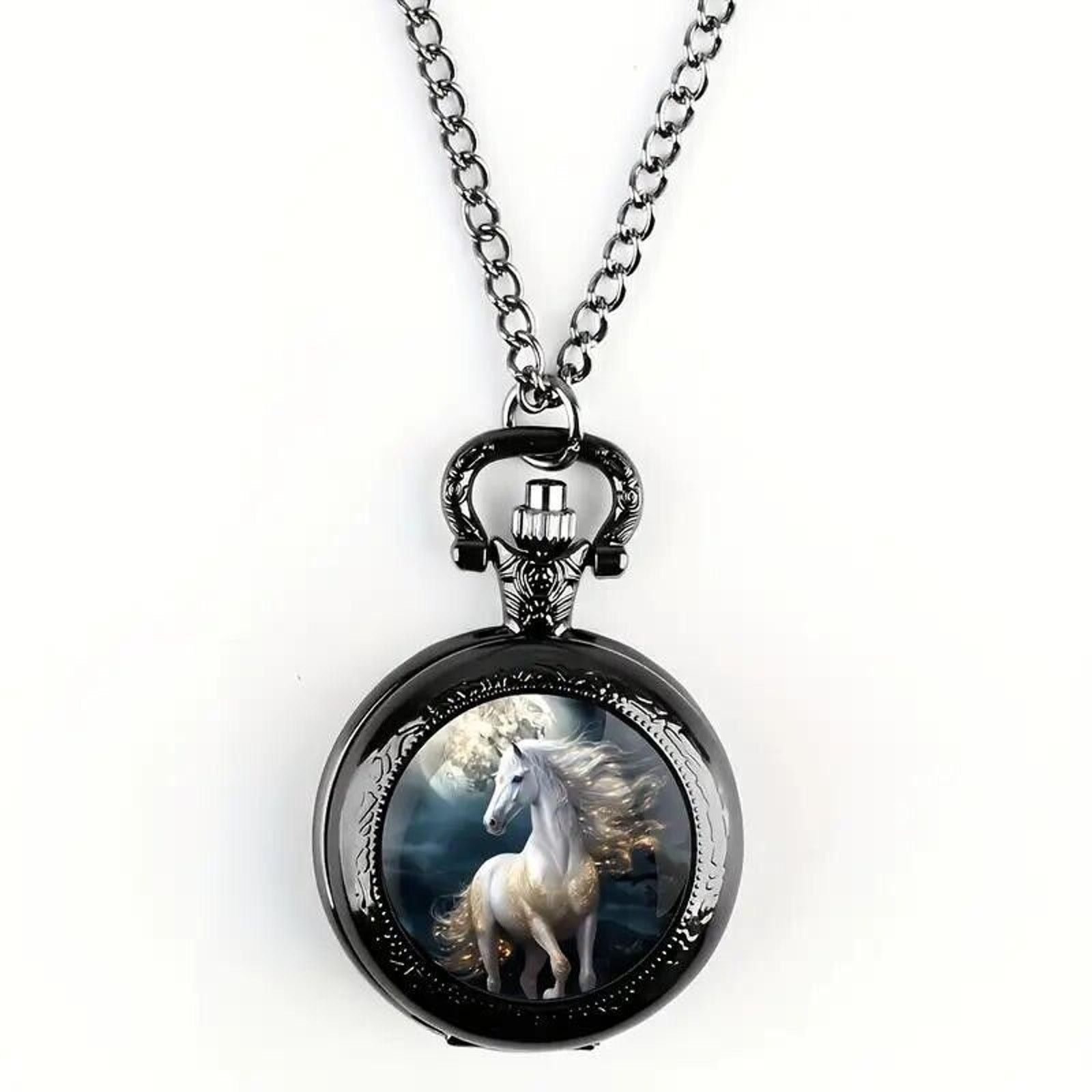Other White Arab Horse Quartz Pocket Watch • Flowing Mane • Moon Size ONE SIZE - 3 Thumbnail