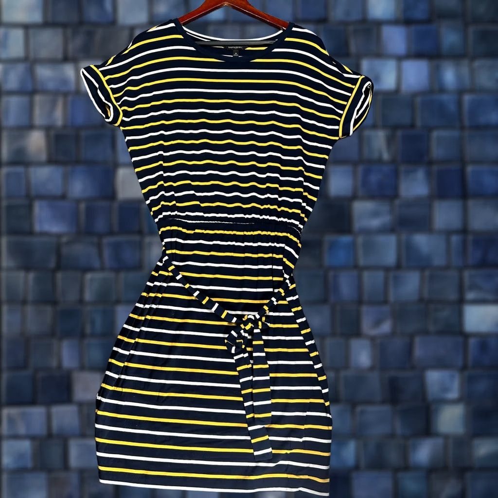 Banana Republic Banana Republic Womens Medium Blue Yellow Stripe T Shirt Dress Stretch Tie Belt Size M / US 6-8 / IT 42-44 - 1 Thumbnail