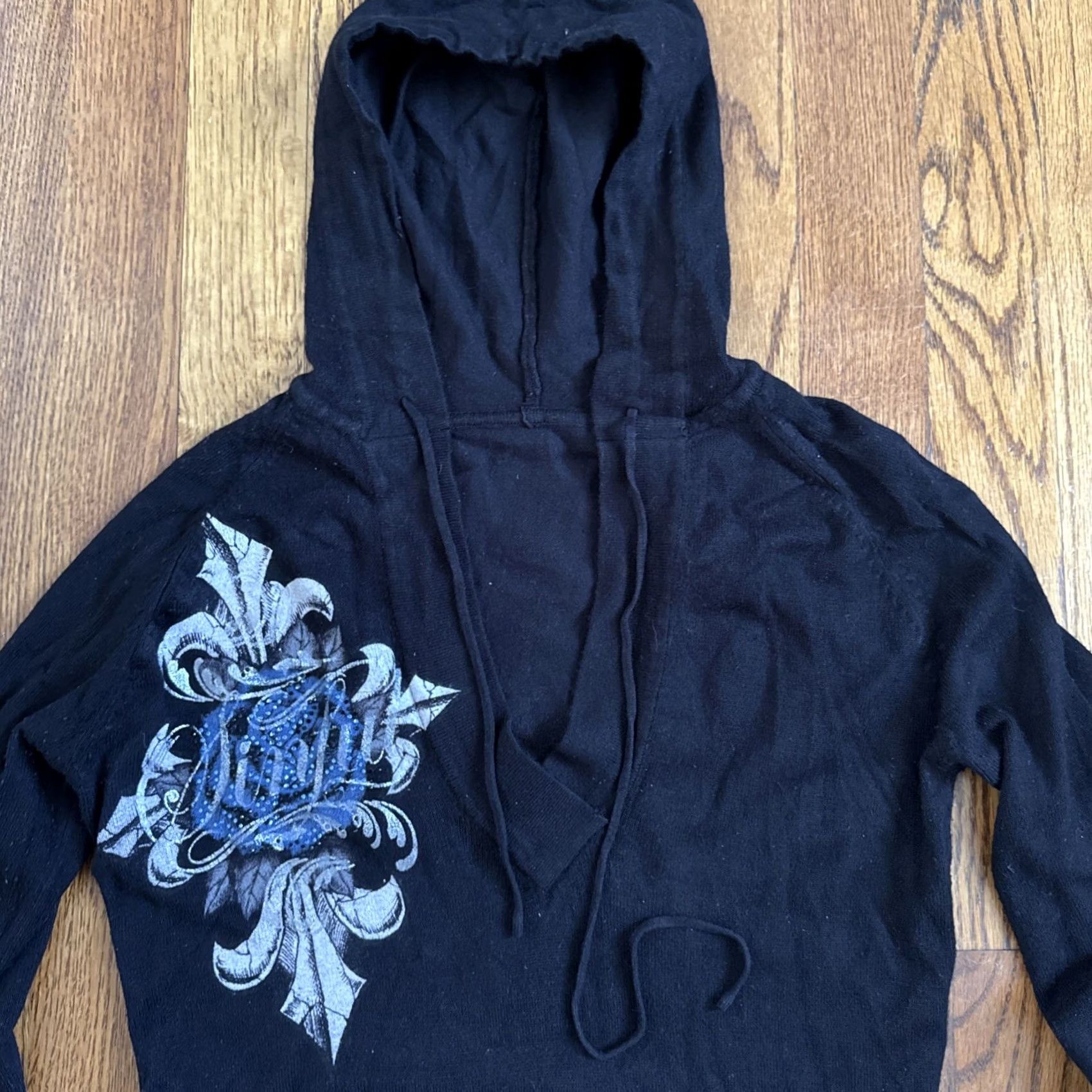 Affliction VINTAGE Sinful Affliction Hoodie Sweatshirt Cross Knit Black Sz S Womens Bell Sleeve Pullover Size S / US 4 / IT 40 - 6 Thumbnail