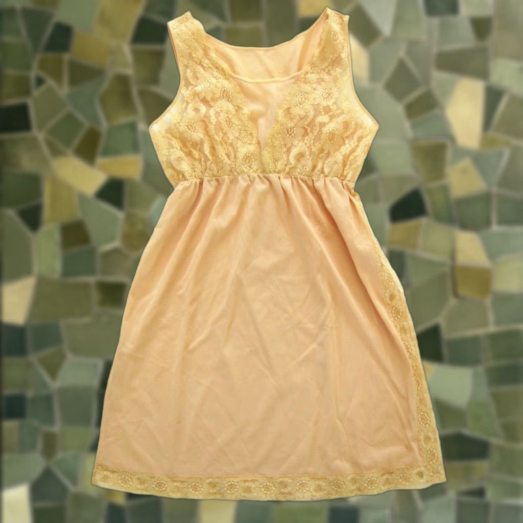 Vintage VINTAGE Texsheen Yellow Lace Sleeveless Nightgown Lingerie Short Stretch 100% nylon Womens S Small Dress Nightgown Size 28" / US 6 / IT 42 - 1 Thumbnail