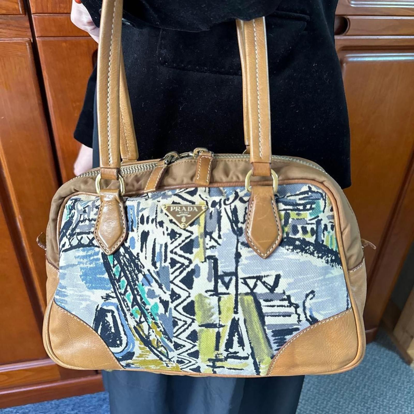 Prada Prada - Canvas Leather Handbag Abstract Print Size ONE SIZE - 7 Thumbnail