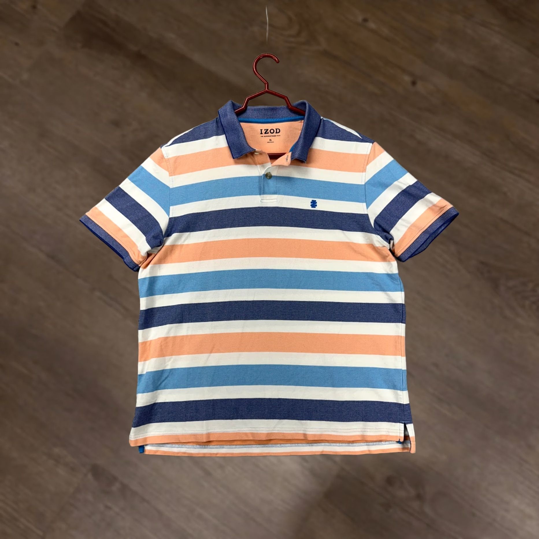 Izod Izod The Advantage Polo Shirt Mens XL Orange Blue Stripe Short Sleeve Golf Rugby Casual Outdoor Walking Comfort Size US XL / EU 56 / 4 - 1 Thumbnail