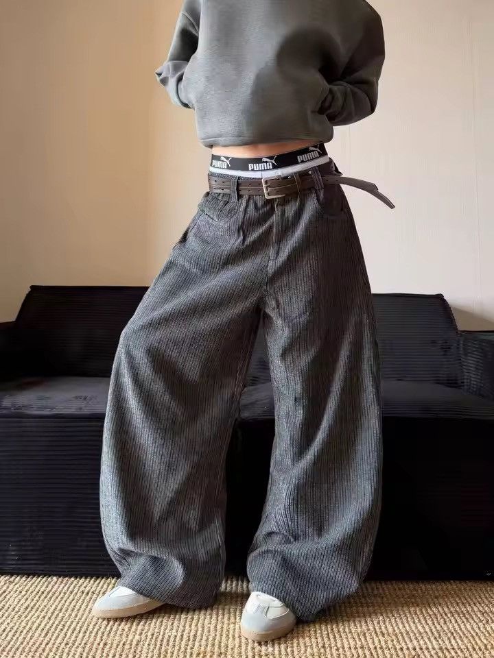 Gray Pinstripe Wide Leg Pants, Baggy High Waist Trousers