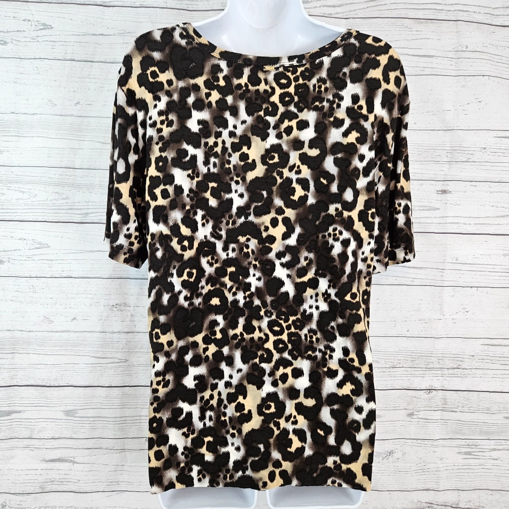St. John St John Womens Blouse Top XL Animal Print Embellished Rayon Blend Brown Black Scoop Neck Shirt Womens Size XL / US 12-14 / IT 48-50 - 3 Thumbnail