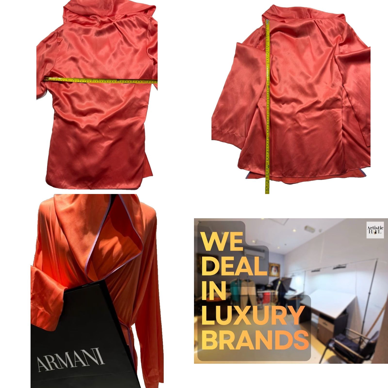 Giorgio Armani Women\'s Orange Satin Draped Hooded Wrap Blouse Size 42 BNWT Satin Hooded Long Sleeve V-Neck Pullover Solid Silk Orange 42 Womens