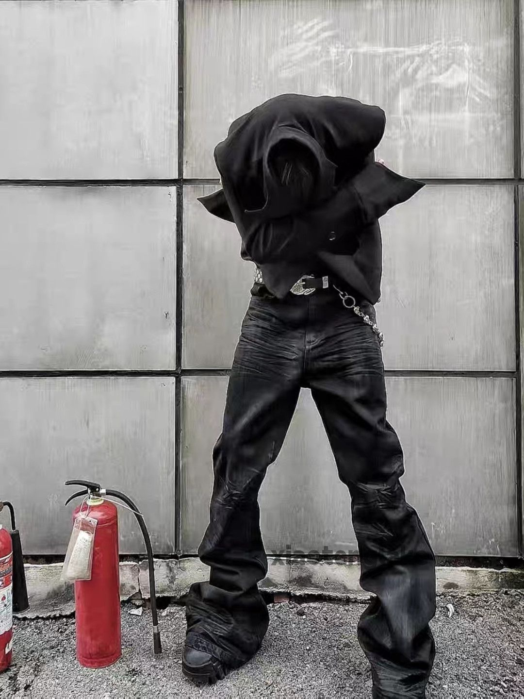 Unisex washed faded punk grunge stack stain flared jeans