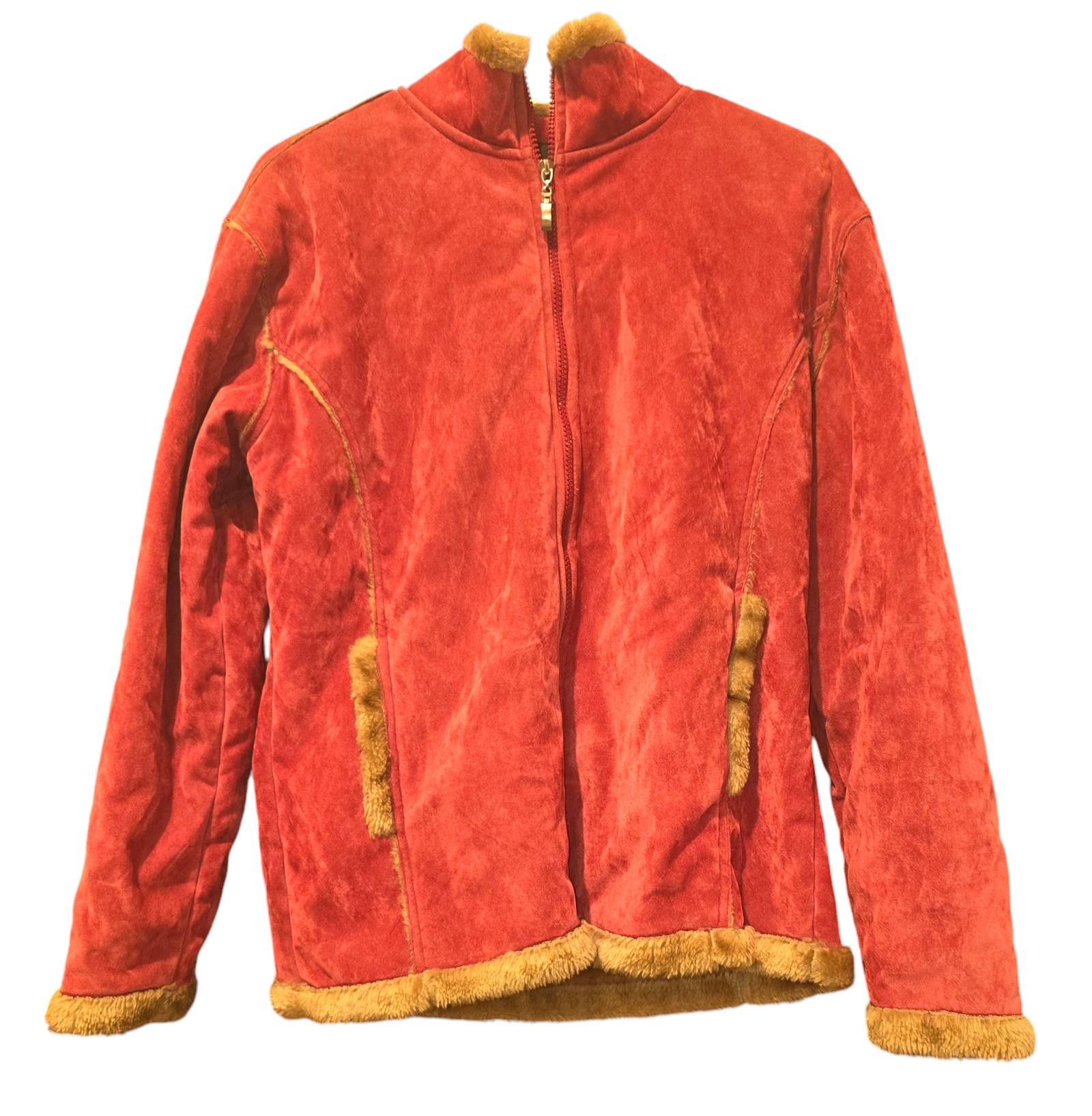 Designer Vintage Red Suede Zip-Up Jacket with Faux Fur Trim Size XL / US 12-14 / IT 48-50 - 2 Thumbnail