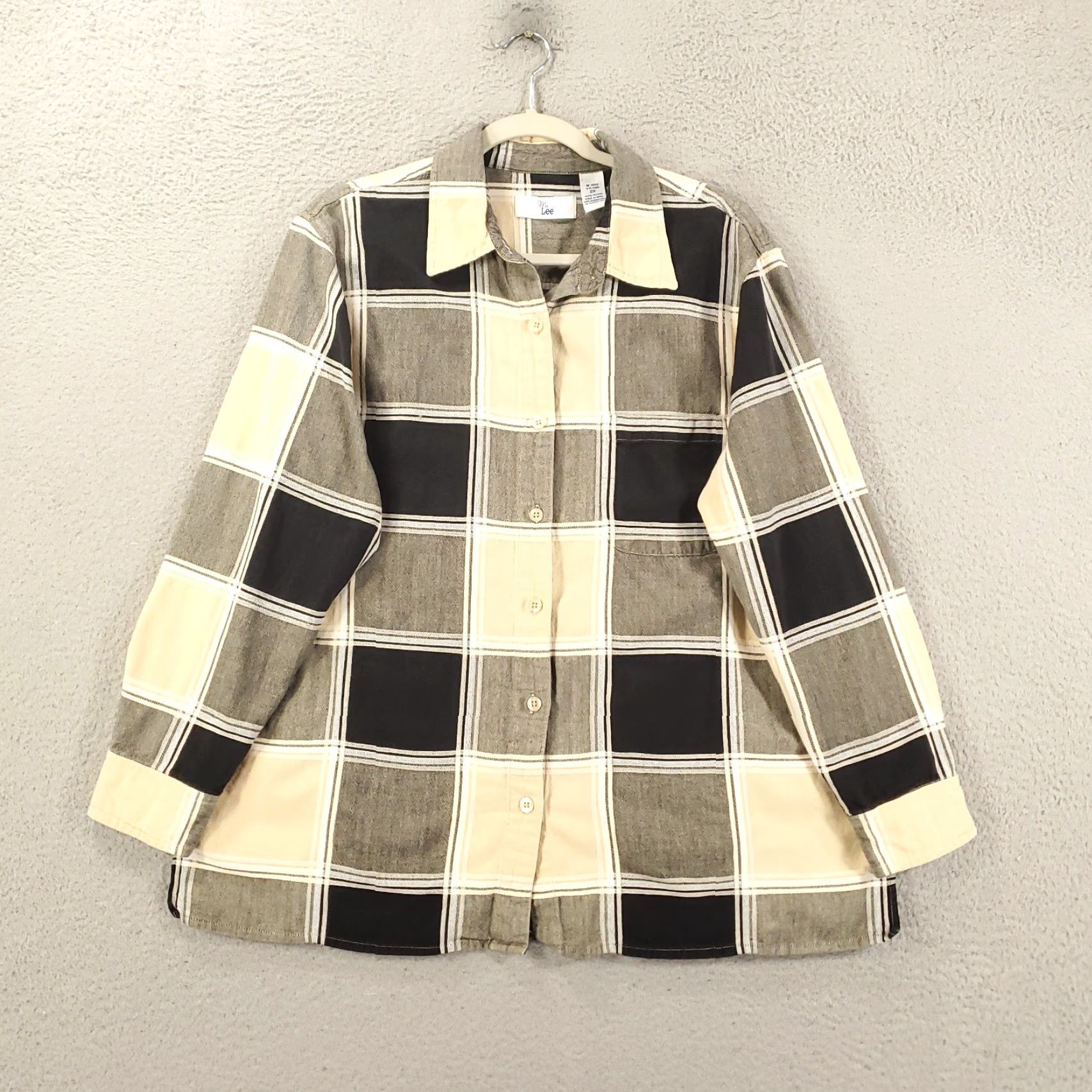 Lee Ms Lee Button Up Shirt 2X Cream Black Gray Grid Geometric Top Womens Blouse Size XXL / US 16-18 / IT 52-54 - 2 Thumbnail