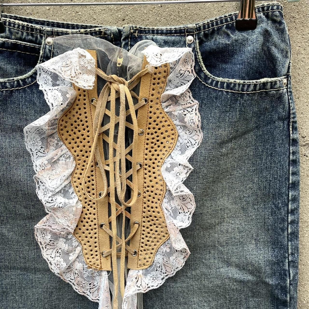 Vintage Unique Lace-Up and Lacy Denim Skirt Size 28" / US 6 / IT 42 - 3 Thumbnail