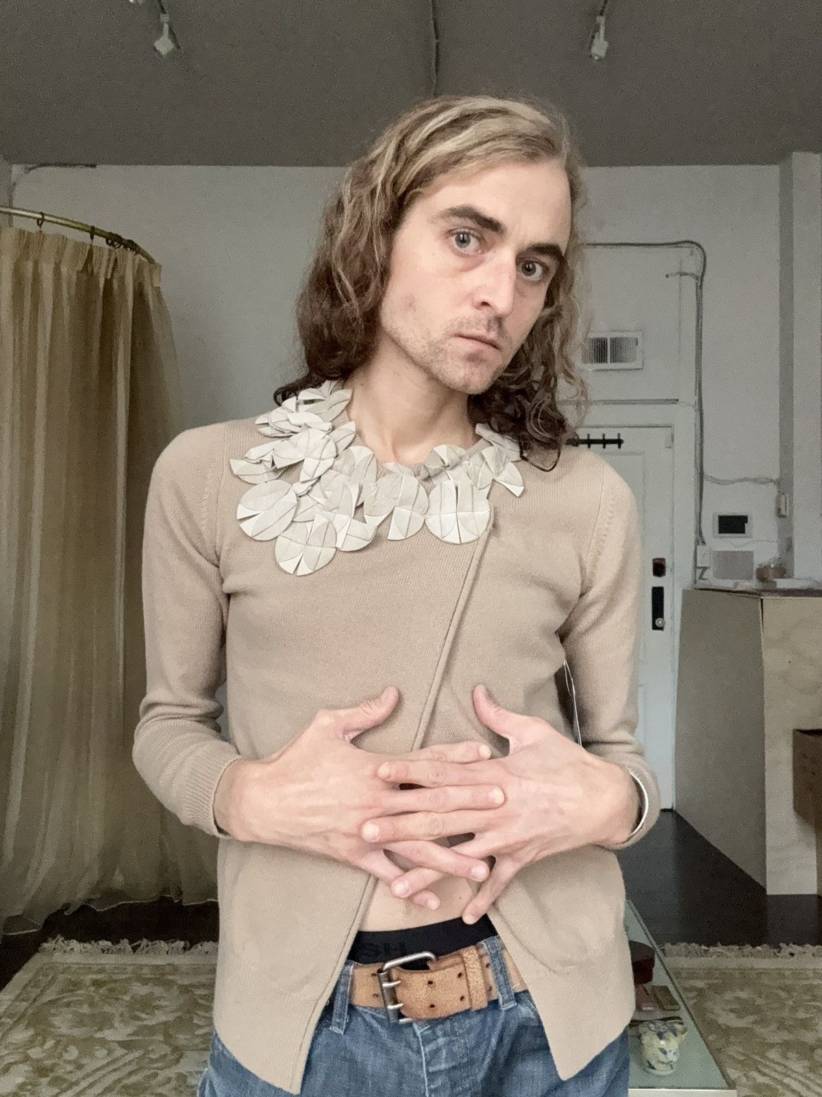 ATSURO TAYAMA ATSURO TAYAMA Vintage Suede Floral Appliqué Draped Cardigan Size ONE SIZE - 3 Thumbnail
