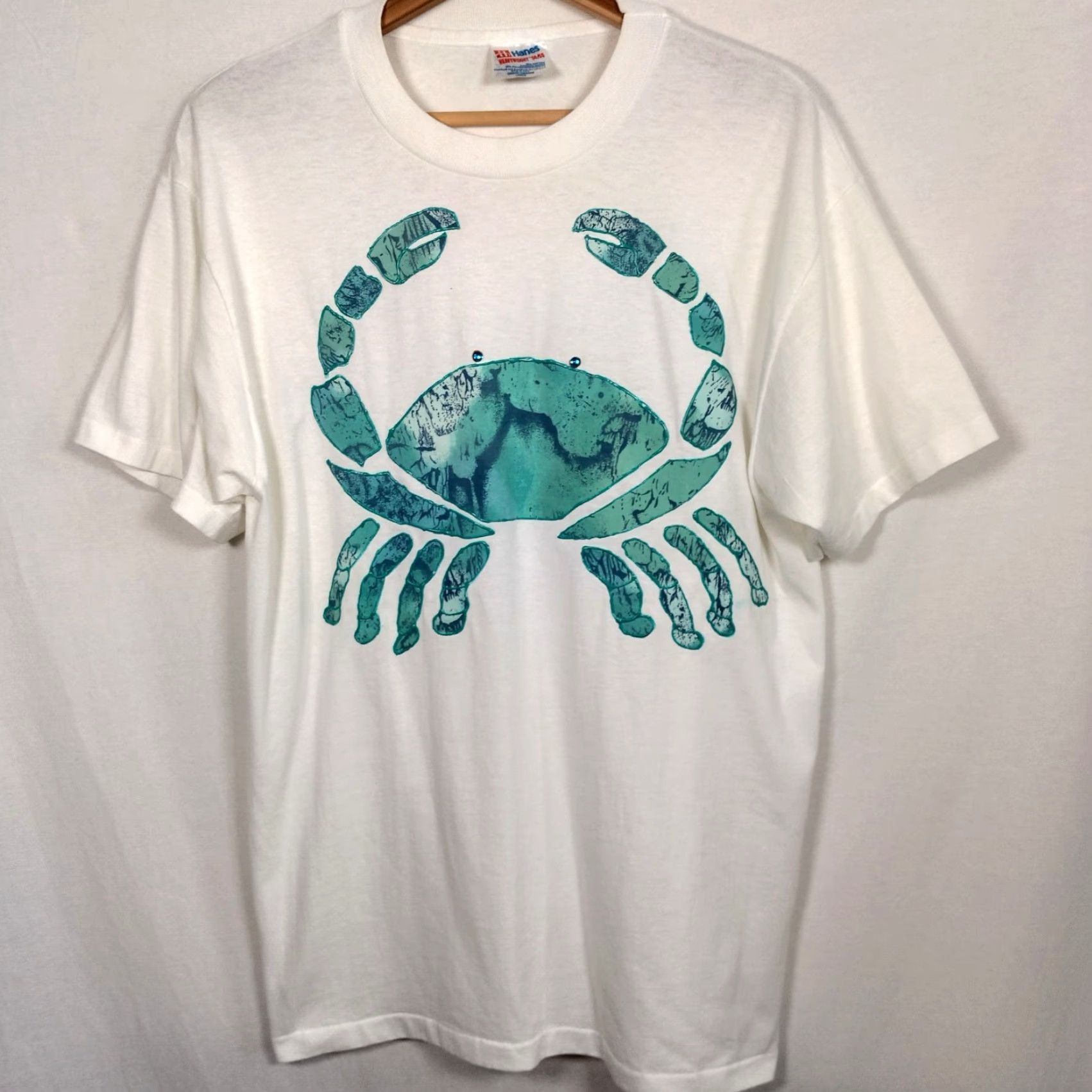 Hanes VINTAGE Hanes Blue Crab T-Shirt Men Large Short Sleeve Cotton Blend White Beach Sea Ocean Life Size US L / EU 52-54 / 3 - 2 Thumbnail