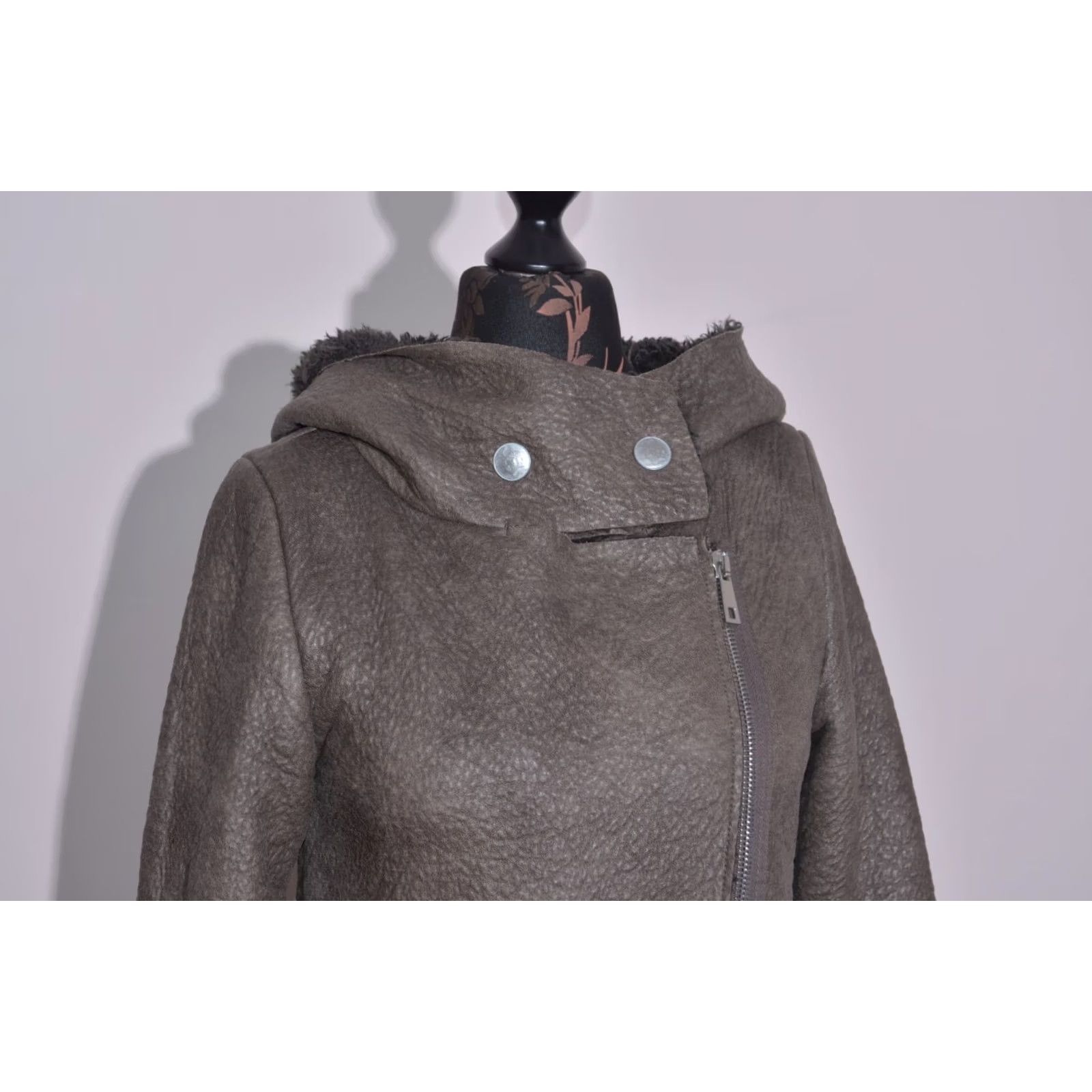 Cop Copine Cop. Copine Shearling Faux Leather Coat Asymmetrical Zip Hooded Jacket Grey 38 S Size S / US 4 / IT 40 - 5 Thumbnail