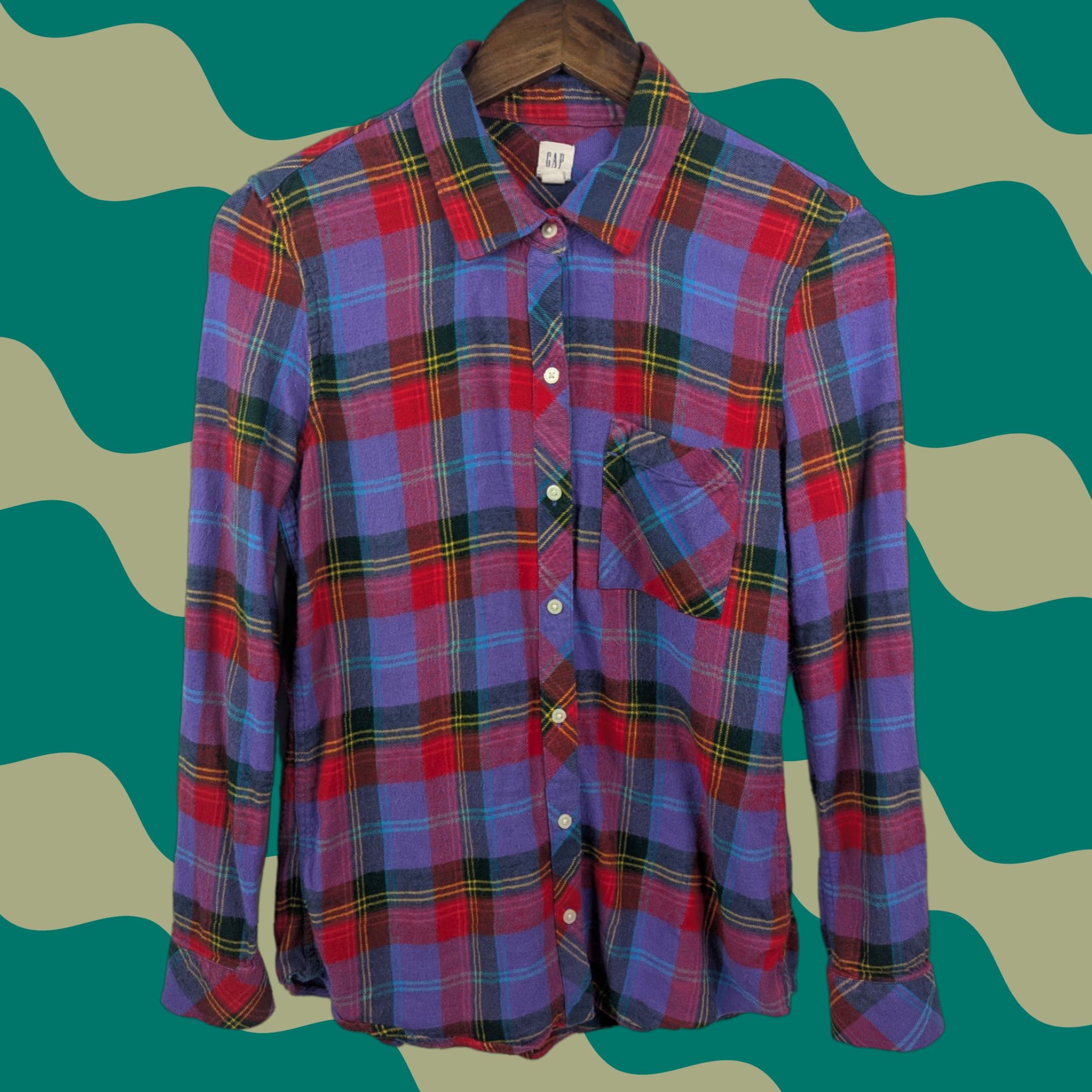 Gap GAP Plaid Shirt Purple Flannel Button-Up Long Sleeve Size Medium Women Casual, Travel Basic Lightweight Cotton Blend Autumn Spring Winter Size M / US 6-8 / IT 42-44 - 1 Thumbnail