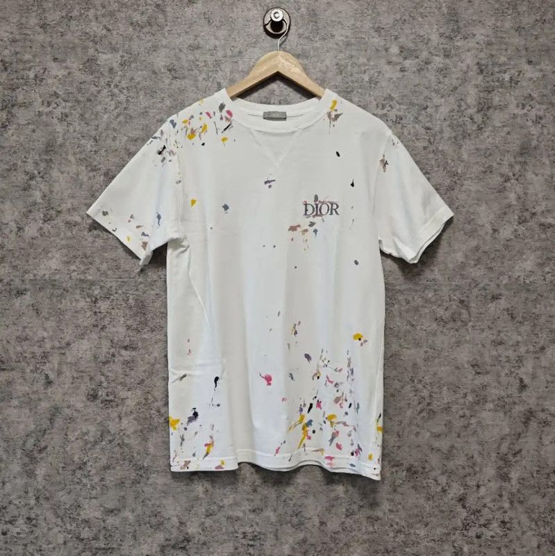 Dior White Cotton Men's T-Shirt with Paint Splatter 0089