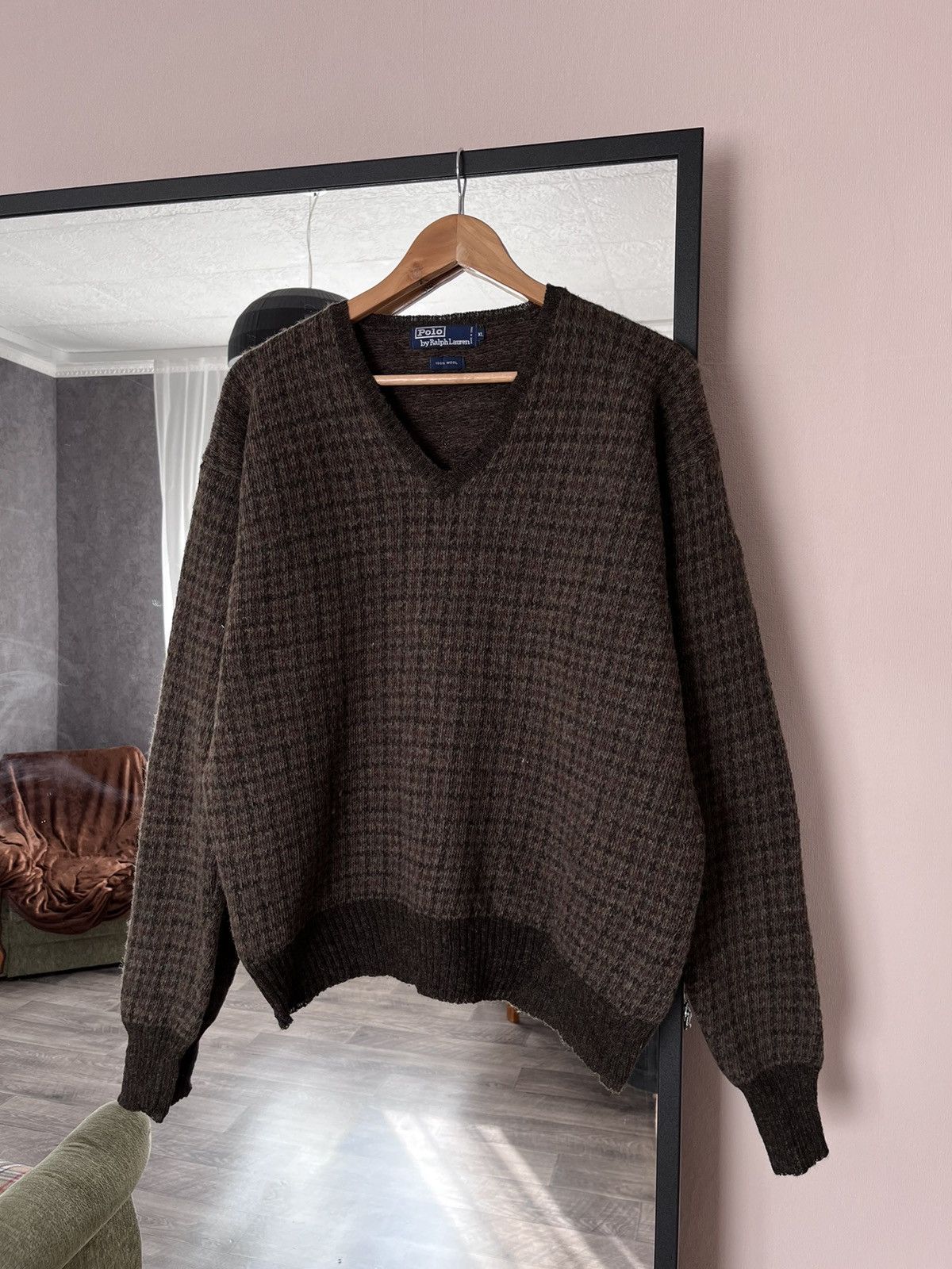 Vintage Polo Ralph Lauren Checkered V Neck Wool Sweater XL