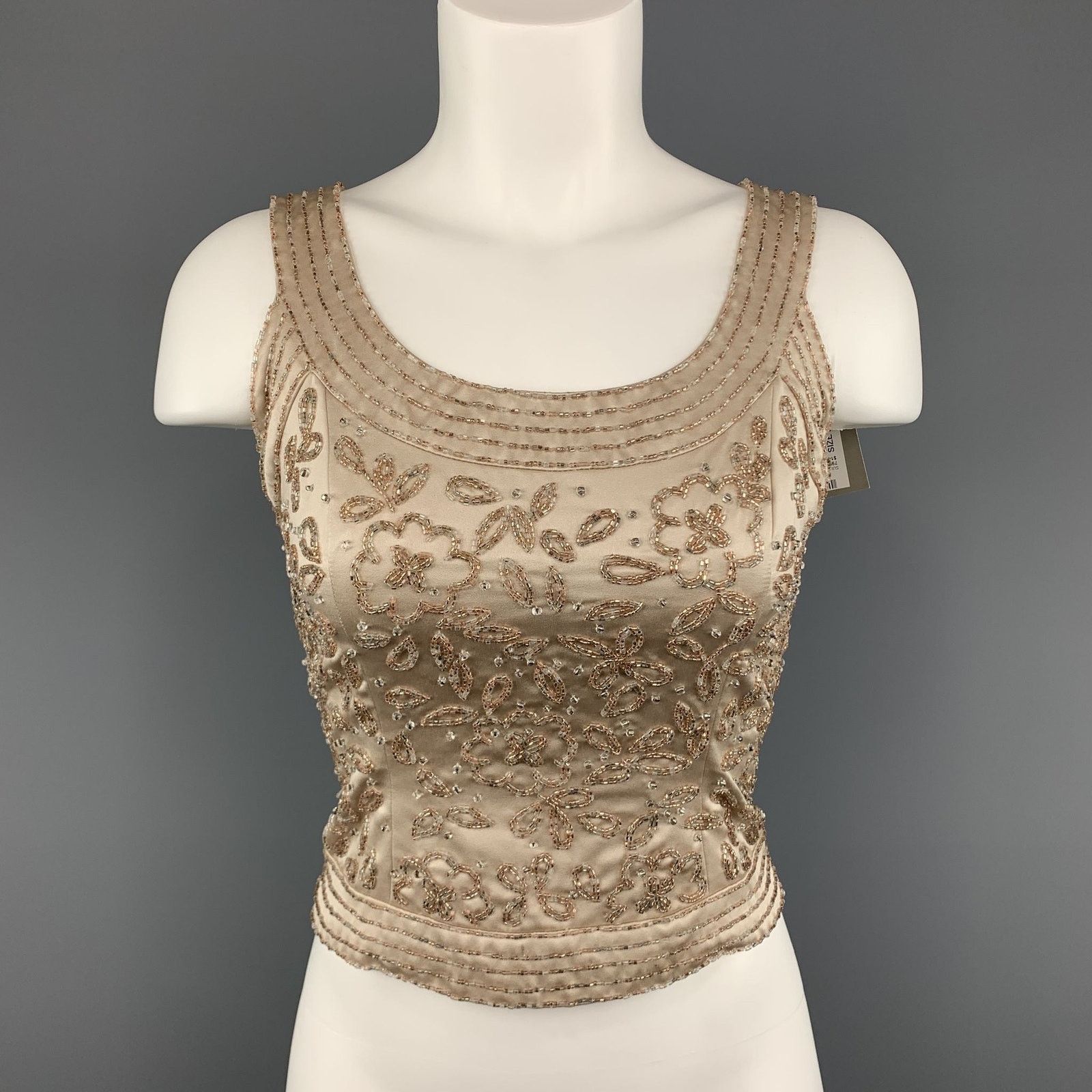 Neiman Marcus Vintage NEIMAN MARCUS Size 2 Beige Beaded Satin Shell Top Size XS / US 0-2 / IT 36-38 - 1 Thumbnail