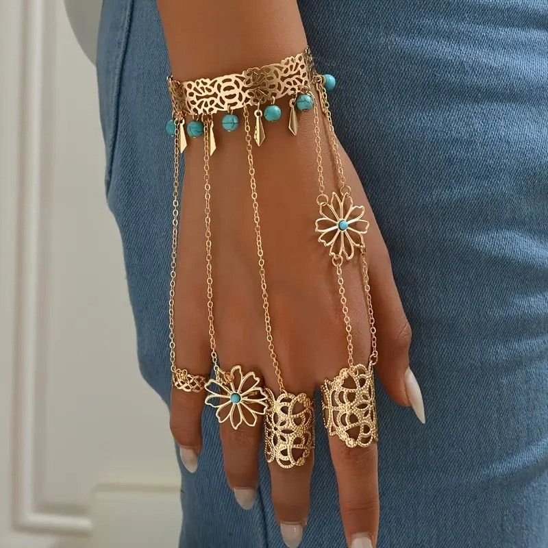 Other Boho Turquoise Flower Chain Hand Bracelet Ring Set Size ONE SIZE - 3 Thumbnail