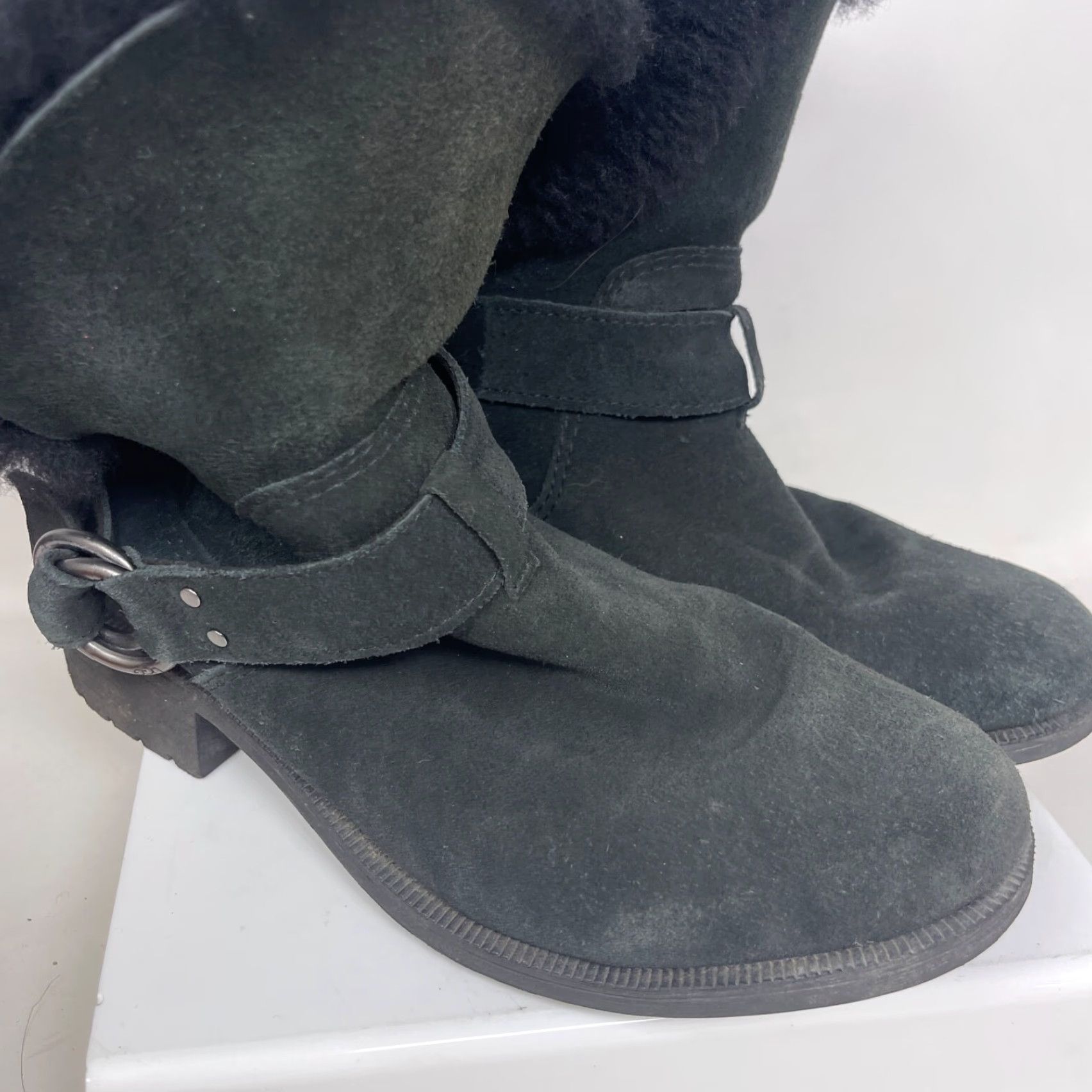 Ugg UGG Bodie Boots Women 8 Black Suede Sheepskin Lined Ankle Boot - Pull On - Buckle - Leather Shearling - Flat Heel - Motorcycle, 90s, Fall - Womens Size US 8 / IT 38 - 3 Thumbnail