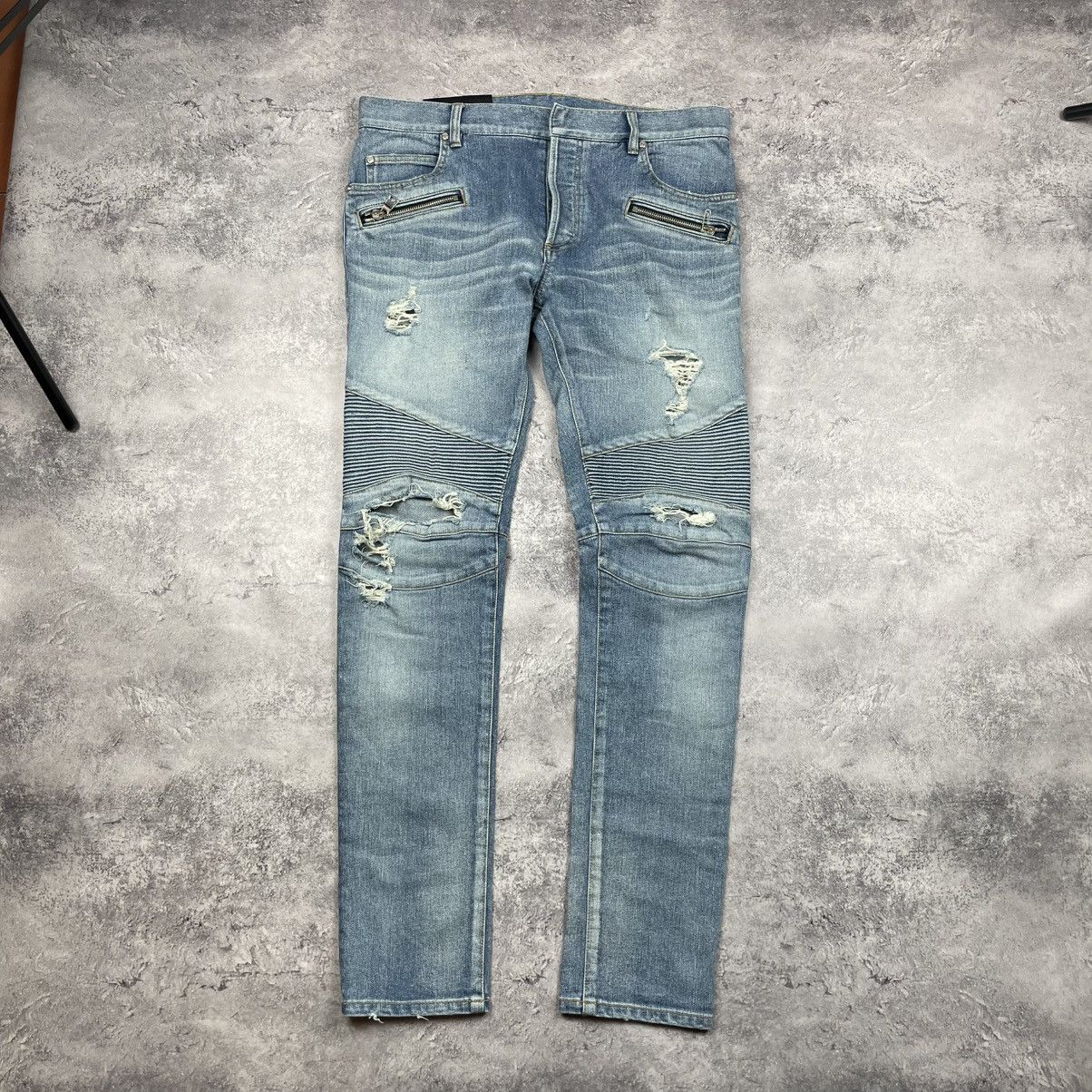 Balmain Balmain Light Blue Biker Stretch Denim Jeans Luxury Size US 34 / EU 50 - 1 Thumbnail