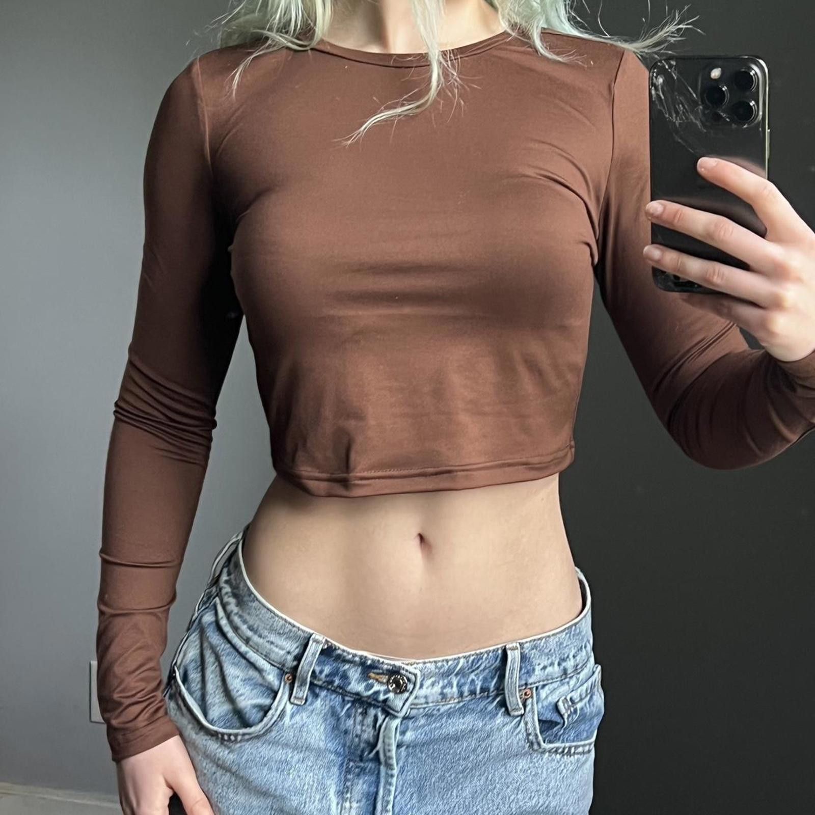 Shein Brown basic long sleeve crop top Size S / US 4 / IT 40 - 6 Thumbnail